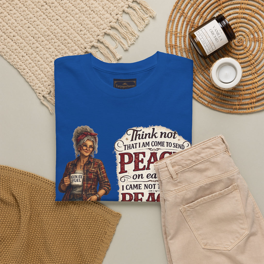 Christian Faith Tee — "I Come Not to Send Peace but a Sword" Matthew 10:34 Graphic Shirt