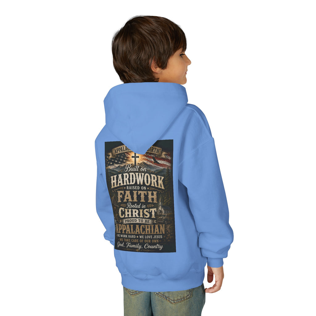 Youth Hoodie — 'Too Country to Care' / Appalachian Faith Graphic