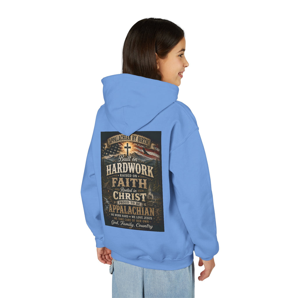Youth Hoodie — 'Too Country to Care' / Appalachian Faith Graphic