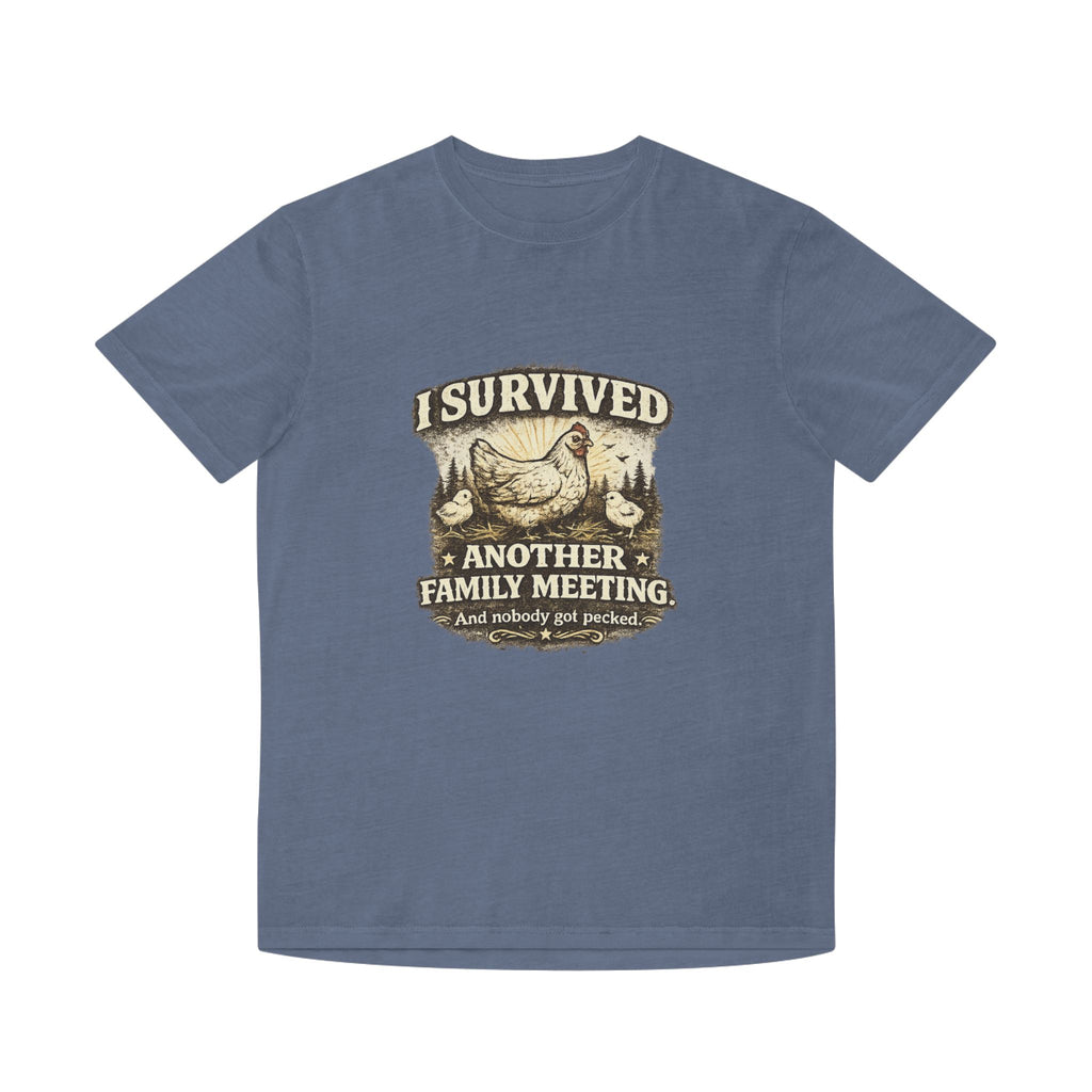 T-Shirt — "I Survived Another Family Meeting" Vintage Chicken Humor Tee