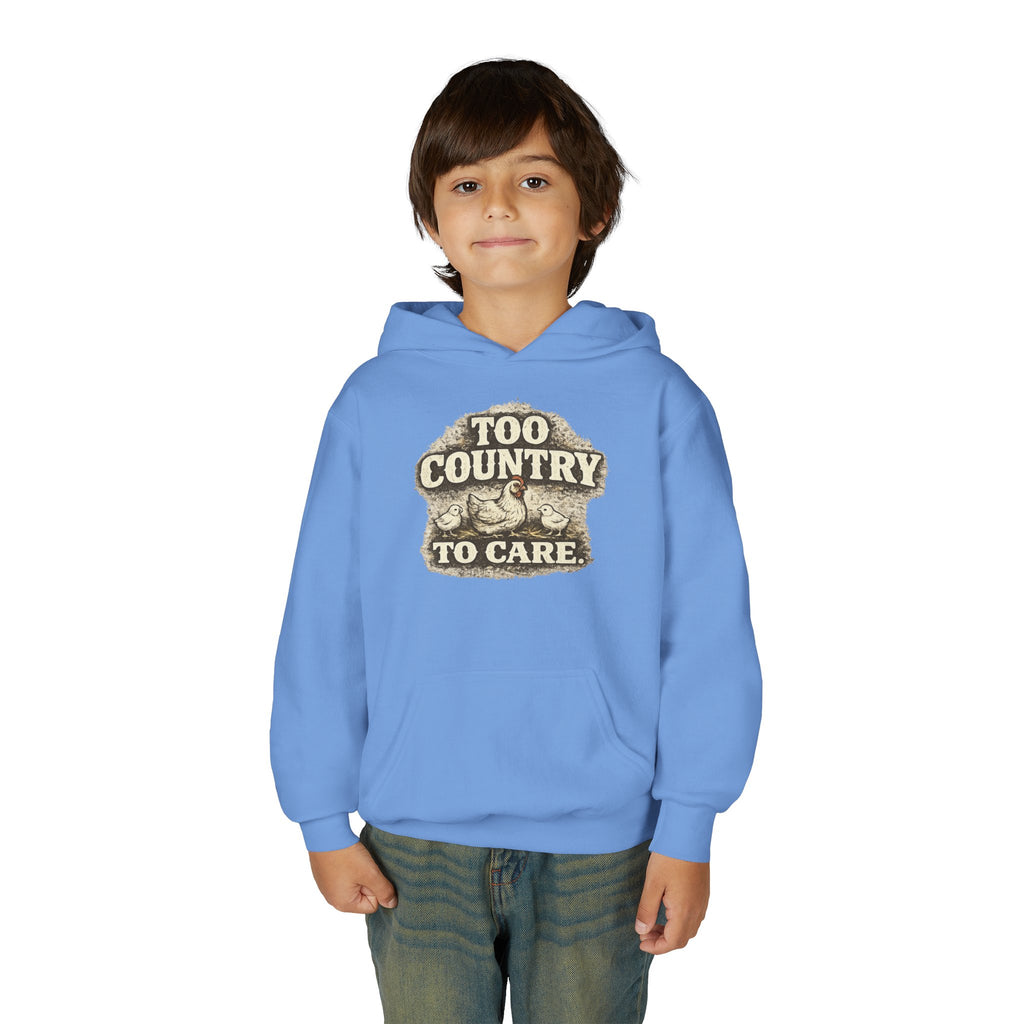 Youth Hoodie — 'Too Country to Care' / Appalachian Faith Graphic