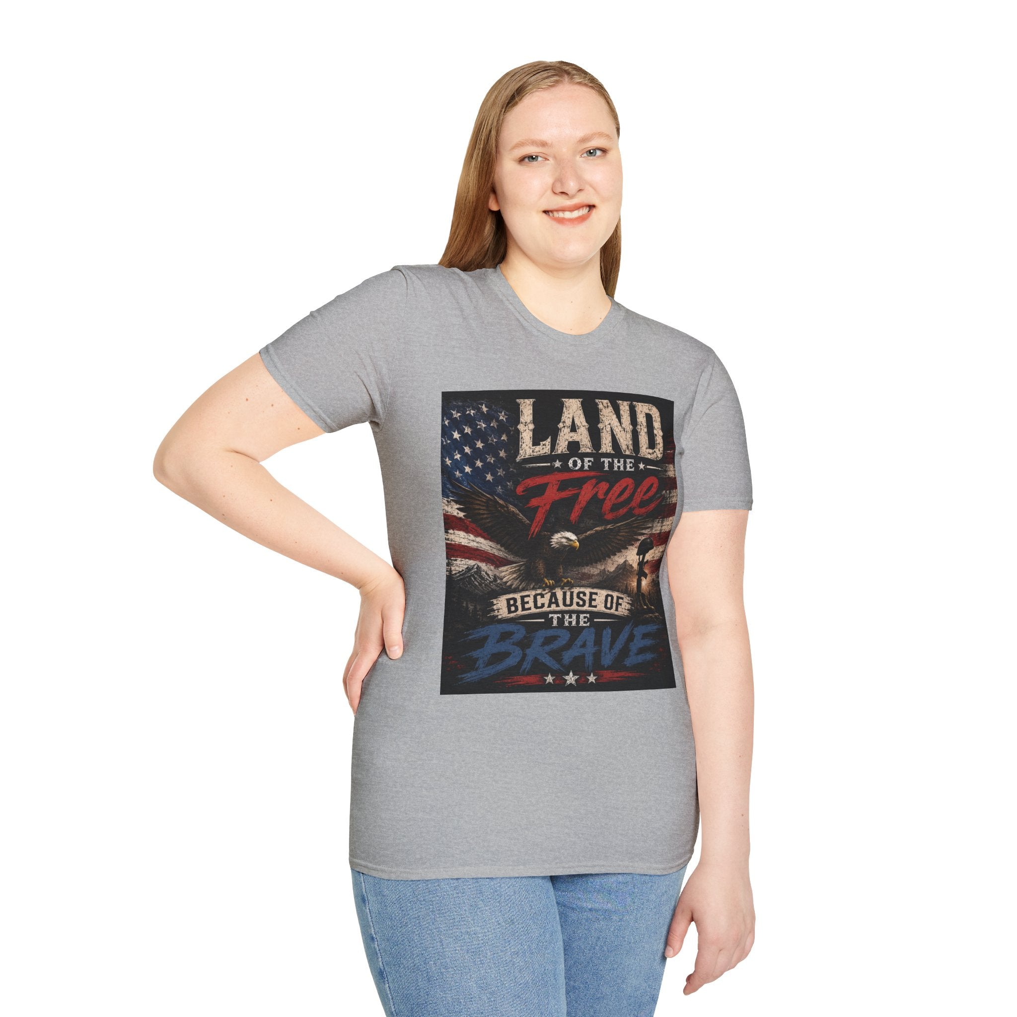 Land of the Free T‑Shirt — Vintage American Flag & Bald Eagle "Because of the Brave"