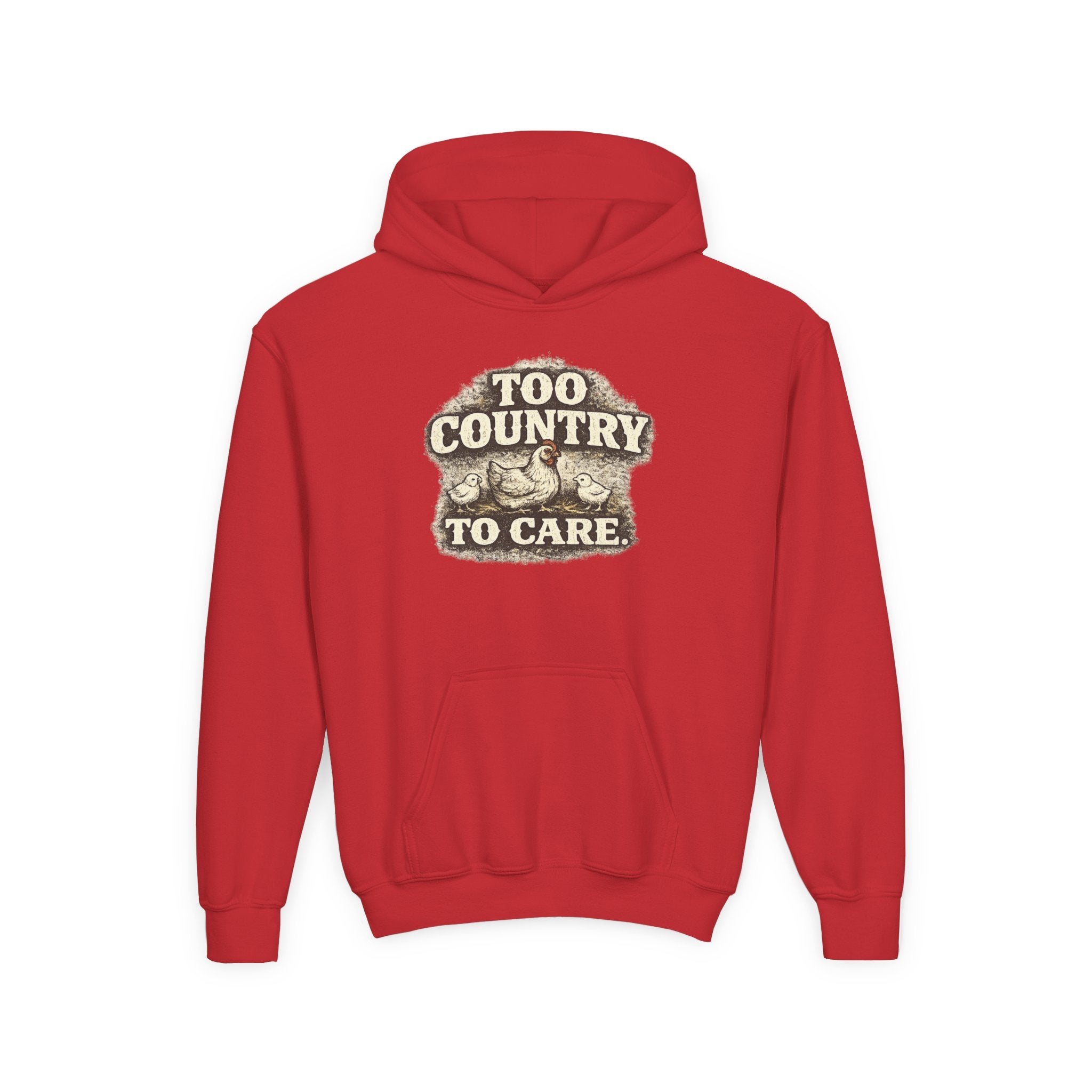 Youth Hoodie — 'Too Country to Care' / Appalachian Faith Graphic