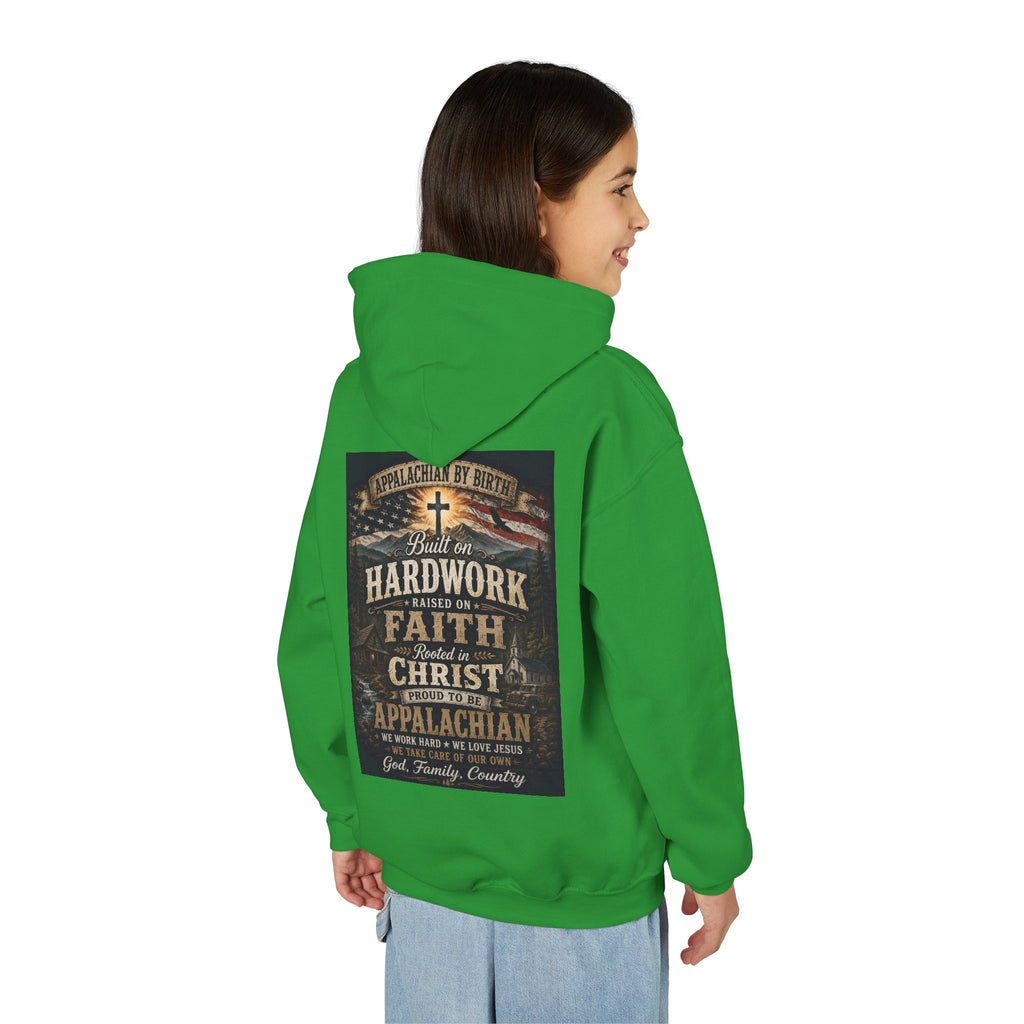 Youth Hoodie — 'Too Country to Care' / Appalachian Faith Graphic