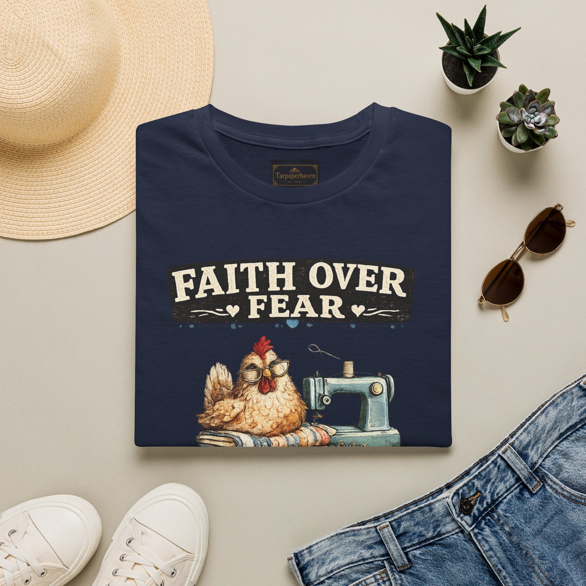 Faith Over Fear Quilting T‑Shirt — Chicken & Sewing Machine Graphic