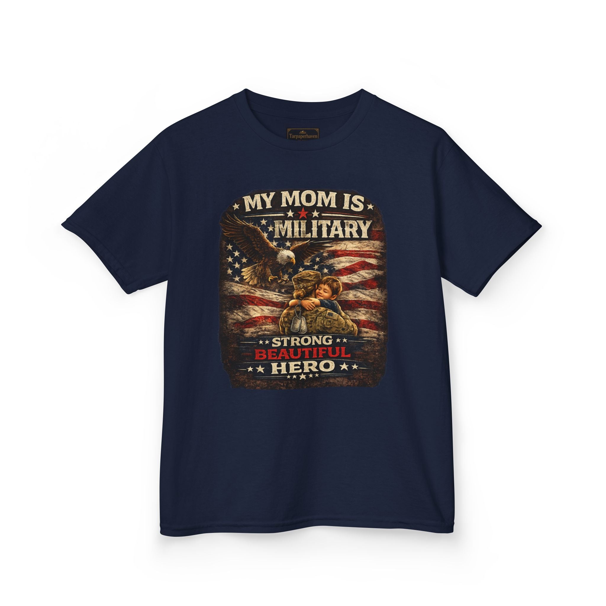 Kids Tee — "My Mom Is Military" Patriotic American Flag Shirt
