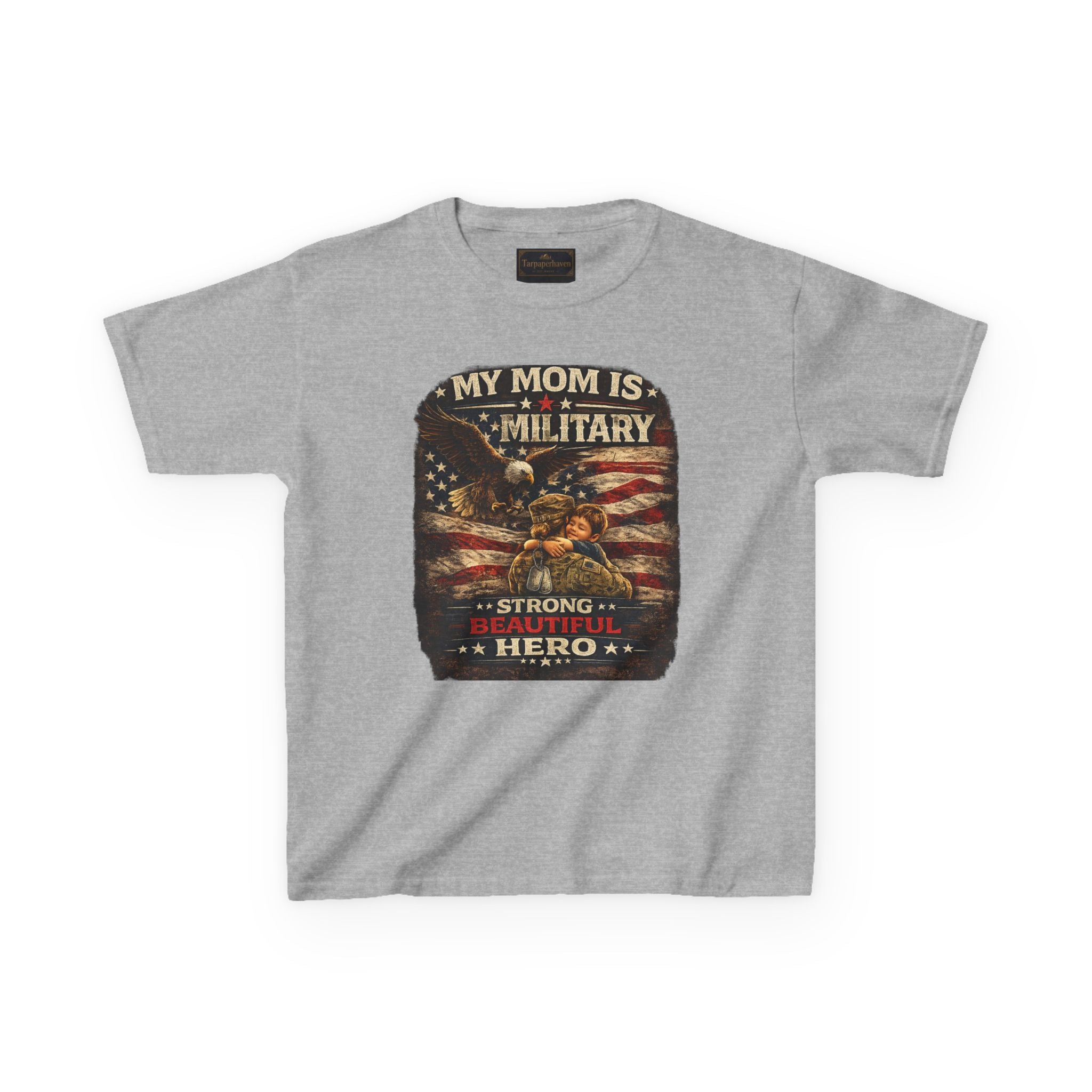 Kids Tee — "My Mom Is Military" Patriotic American Flag Shirt
