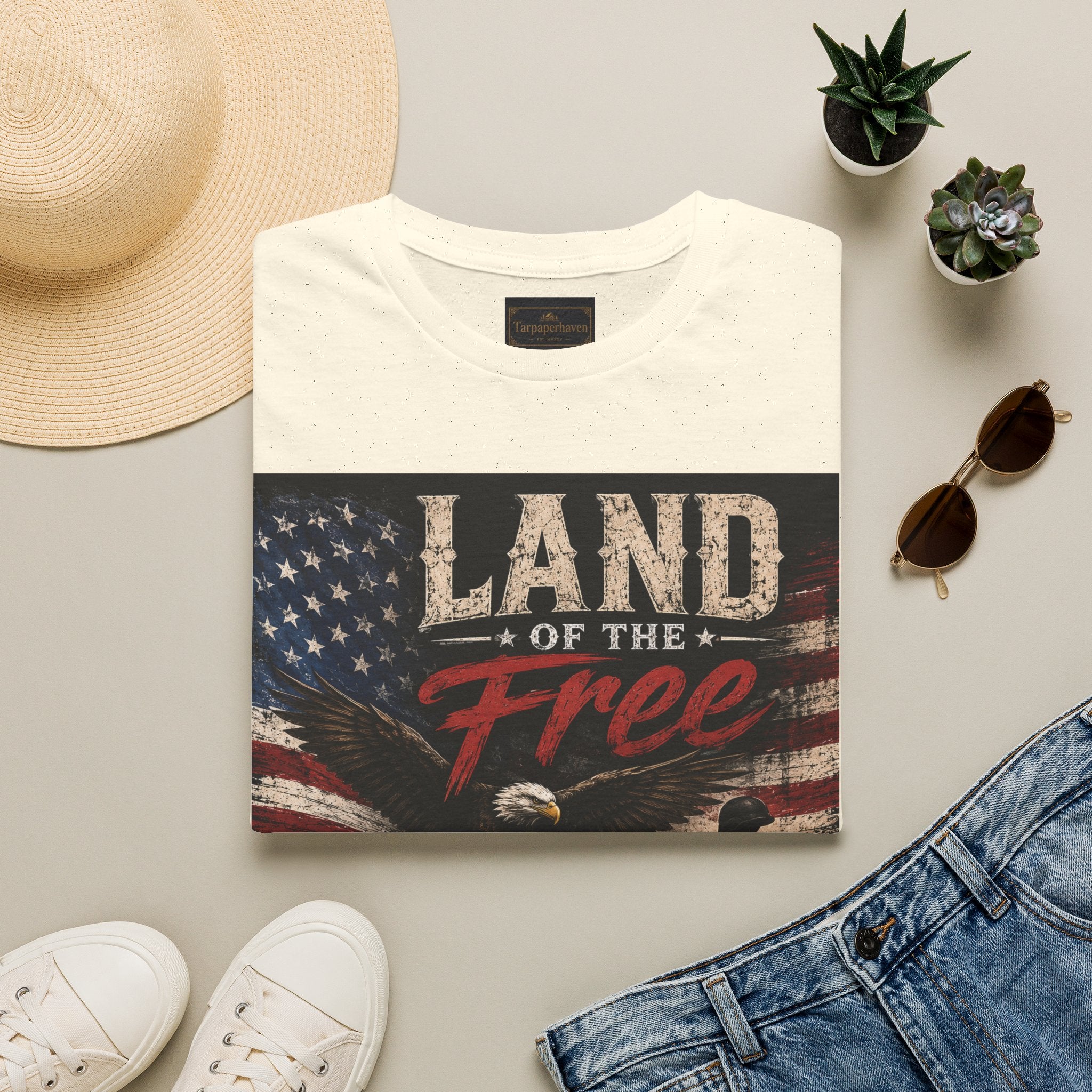 Land of the Free T‑Shirt — Vintage American Flag & Bald Eagle "Because of the Brave"