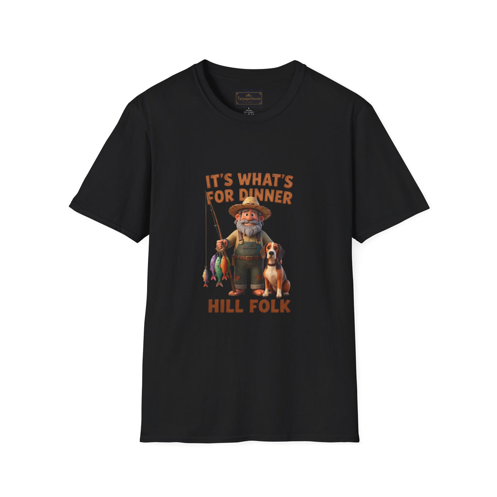 It's What's For Dinner Hill Folk T-Shirt — Rustic Fisherman & Dog Graphic Tee