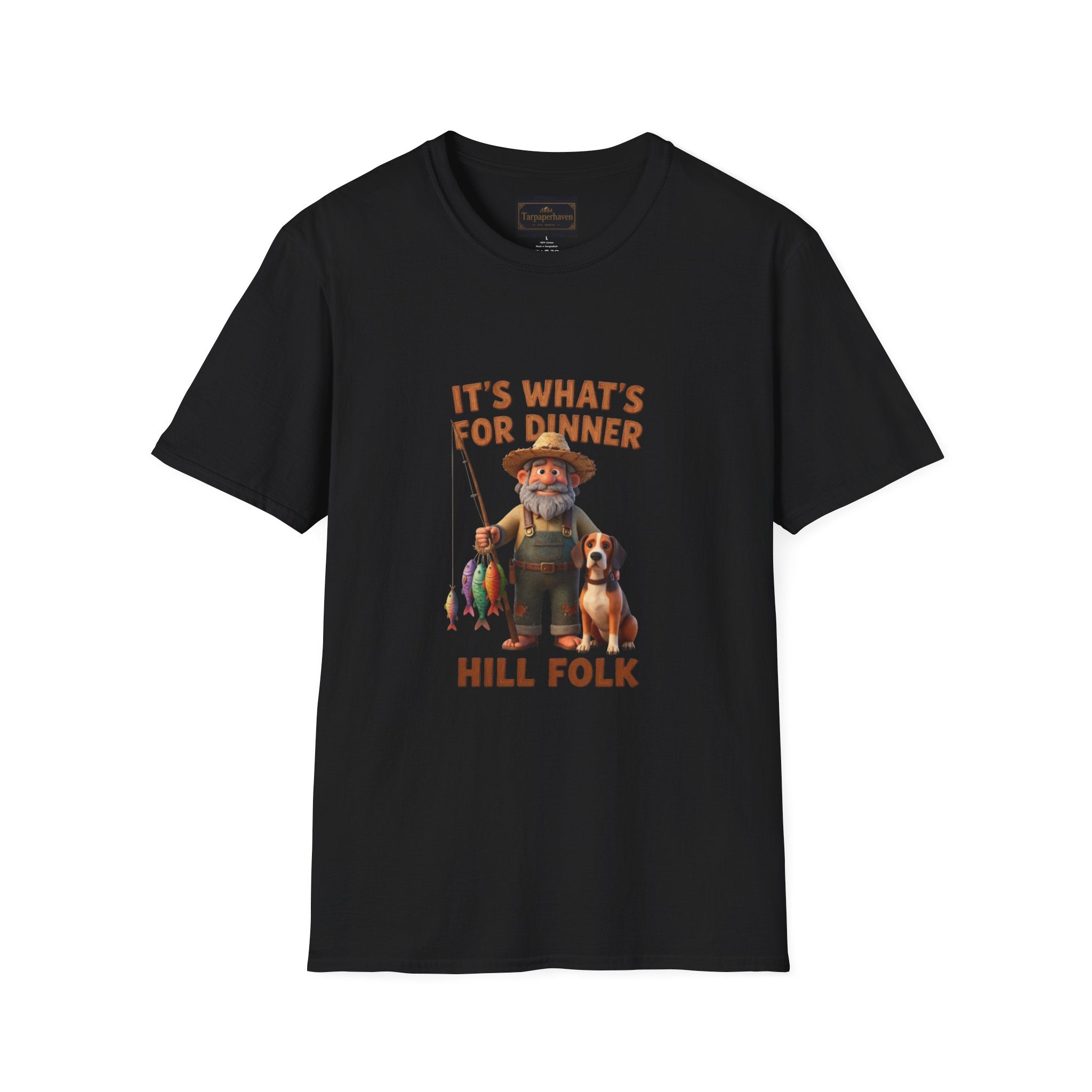 It's What's For Dinner Hill Folk T-Shirt — Rustic Fisherman & Dog Graphic Tee