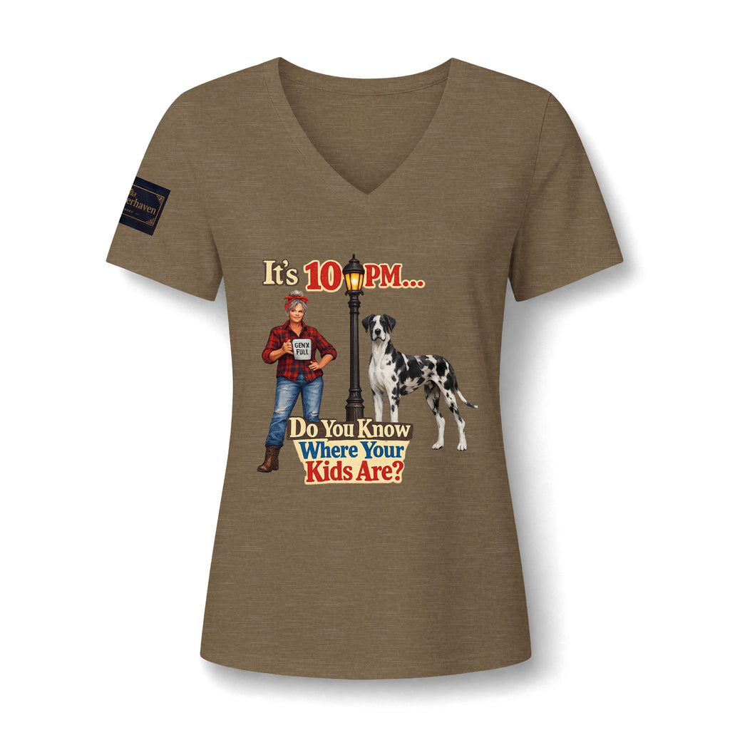 V-Neck Tee — "It's 10 PM... Do You Know Where Your Kids Are?" Retro Dog Graphic
