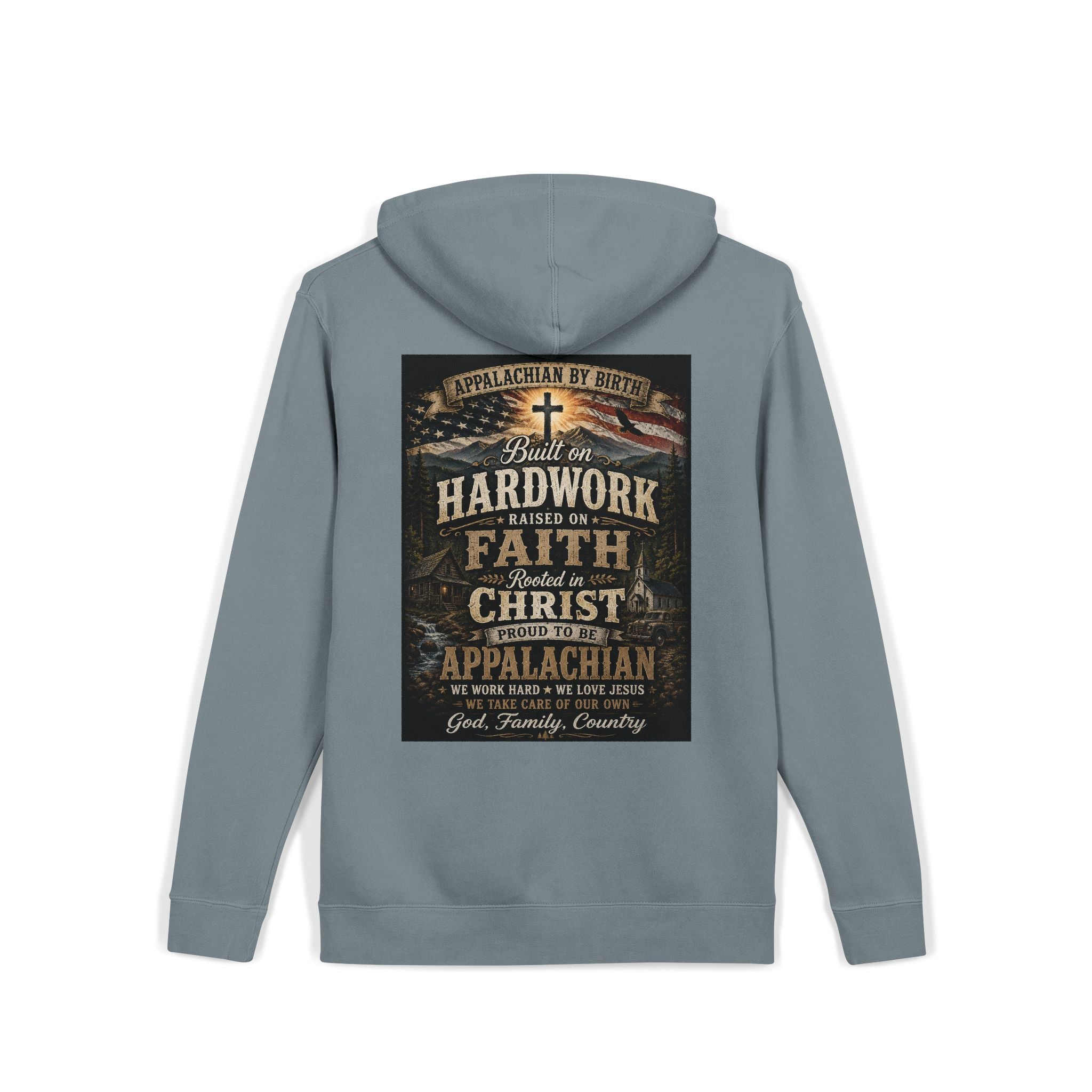 Appalachian Faith Hoodie — "Too Country to Care" Pigment-Dyed Pullover