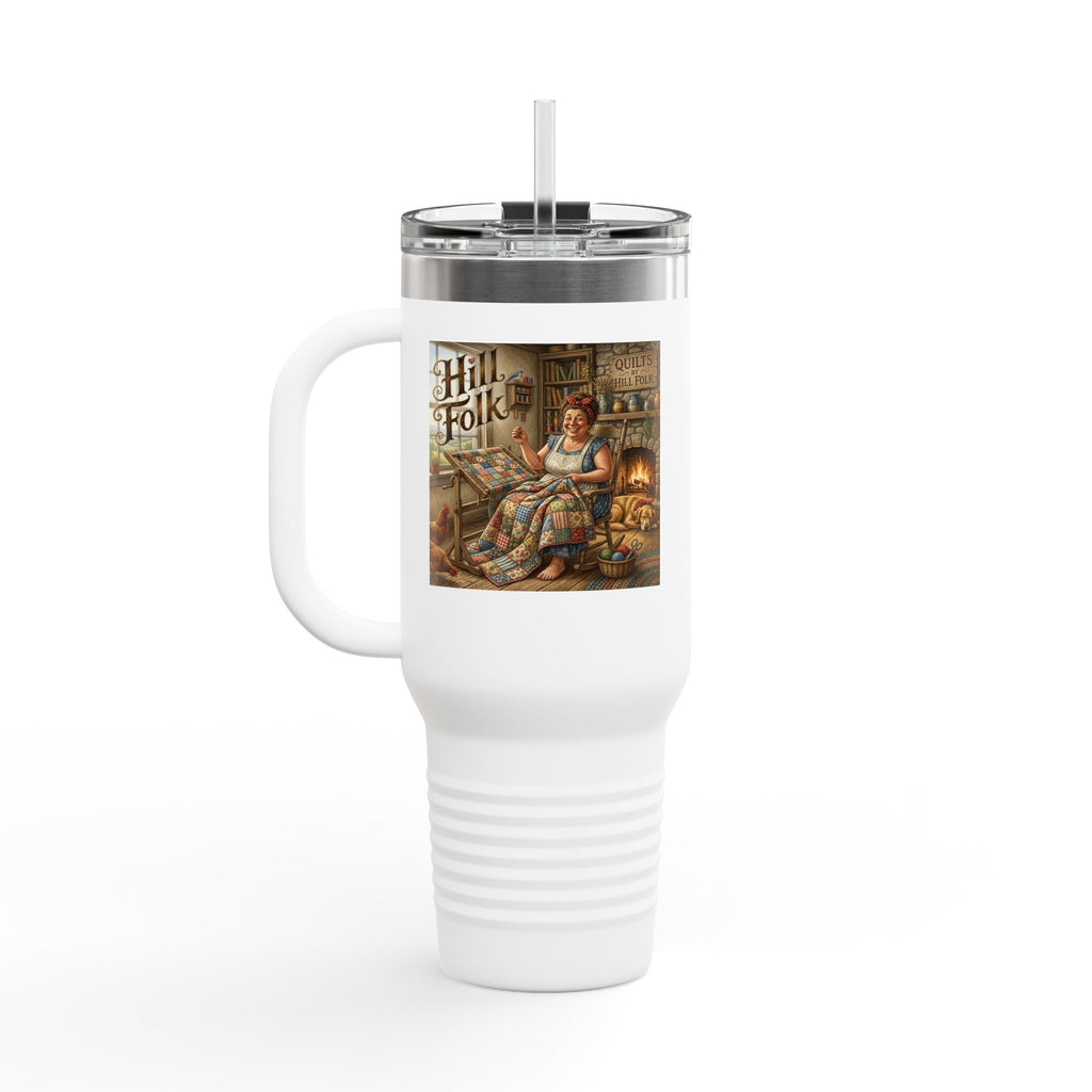 40oz Insulated Travel Mug — Cozy Hillfolk Cabin quilting Scene