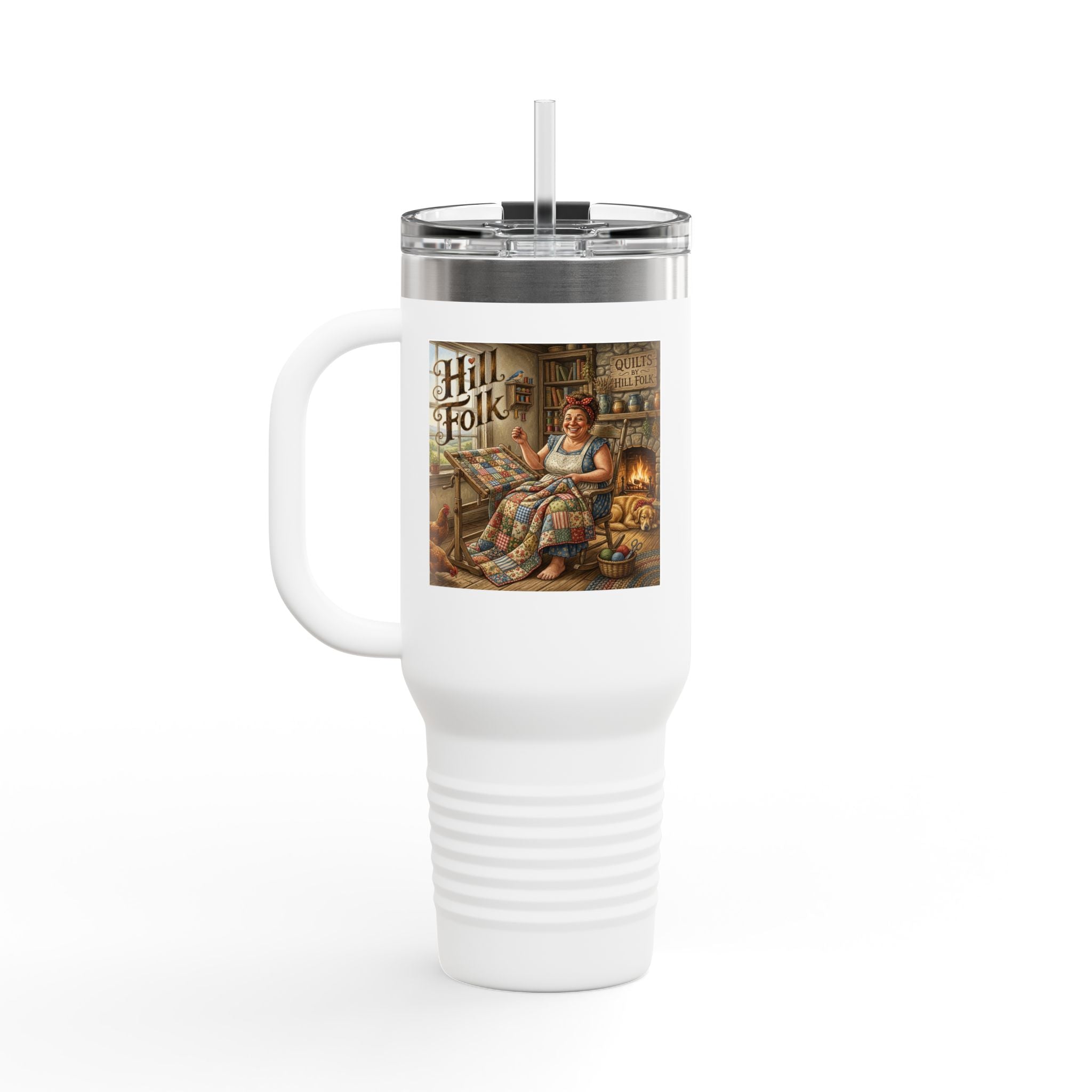 40oz Insulated Travel Mug — Cozy Hillfolk Cabin quilting Scene