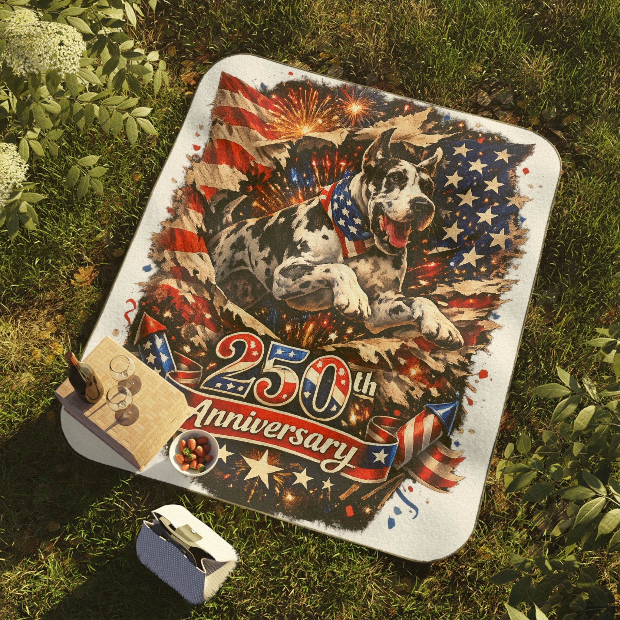 Patriotic Great Dane Picnic Blanket — "250th" USA Flag