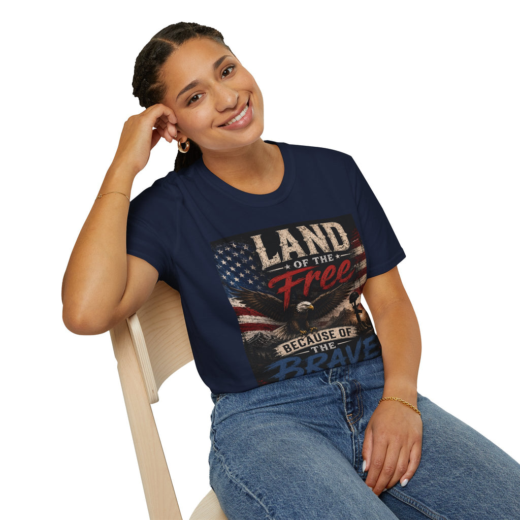 Land of the Free T‑Shirt — Vintage American Flag & Bald Eagle "Because of the Brave"