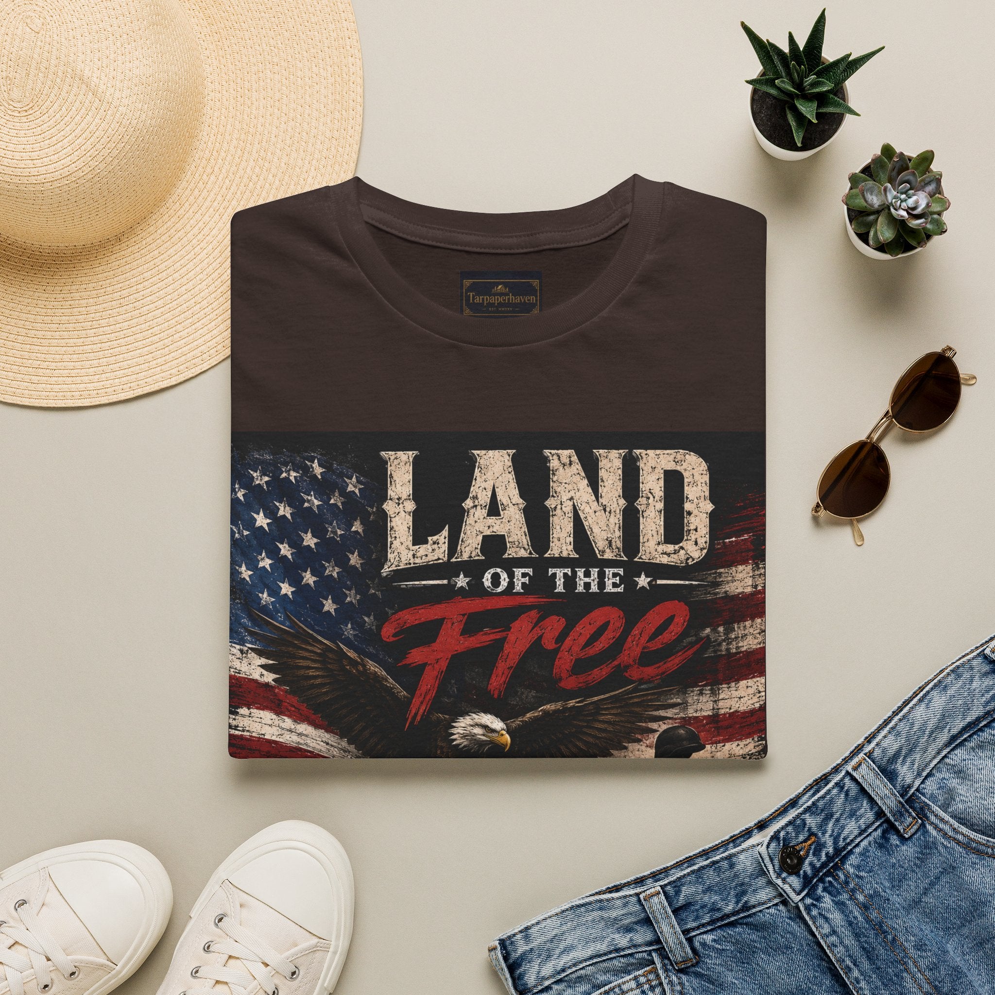 Land of the Free T‑Shirt — Vintage American Flag & Bald Eagle "Because of the Brave"