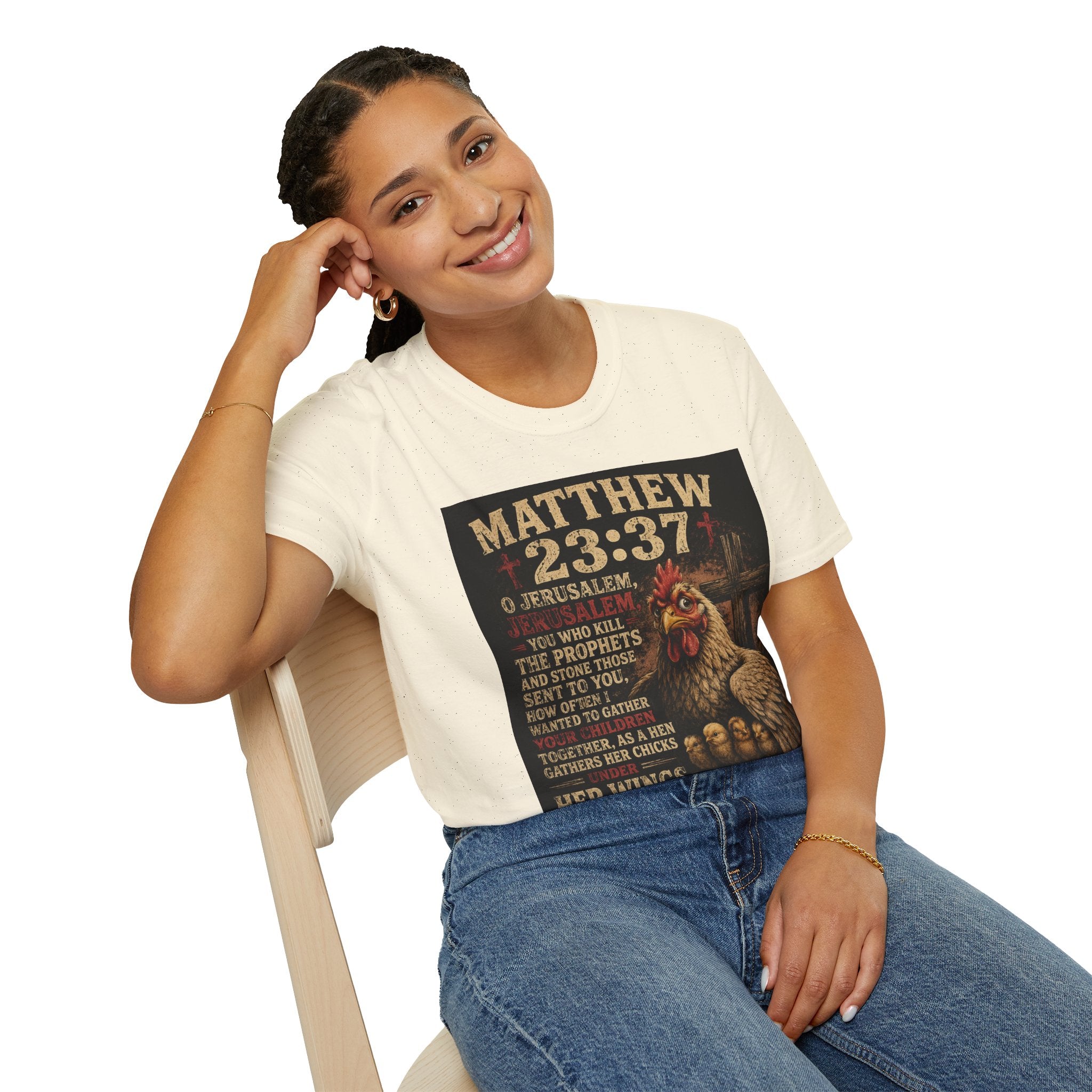 Matthew 23:37 Scripture T-Shirt — Jerusalem Biblical Verse Hen Design