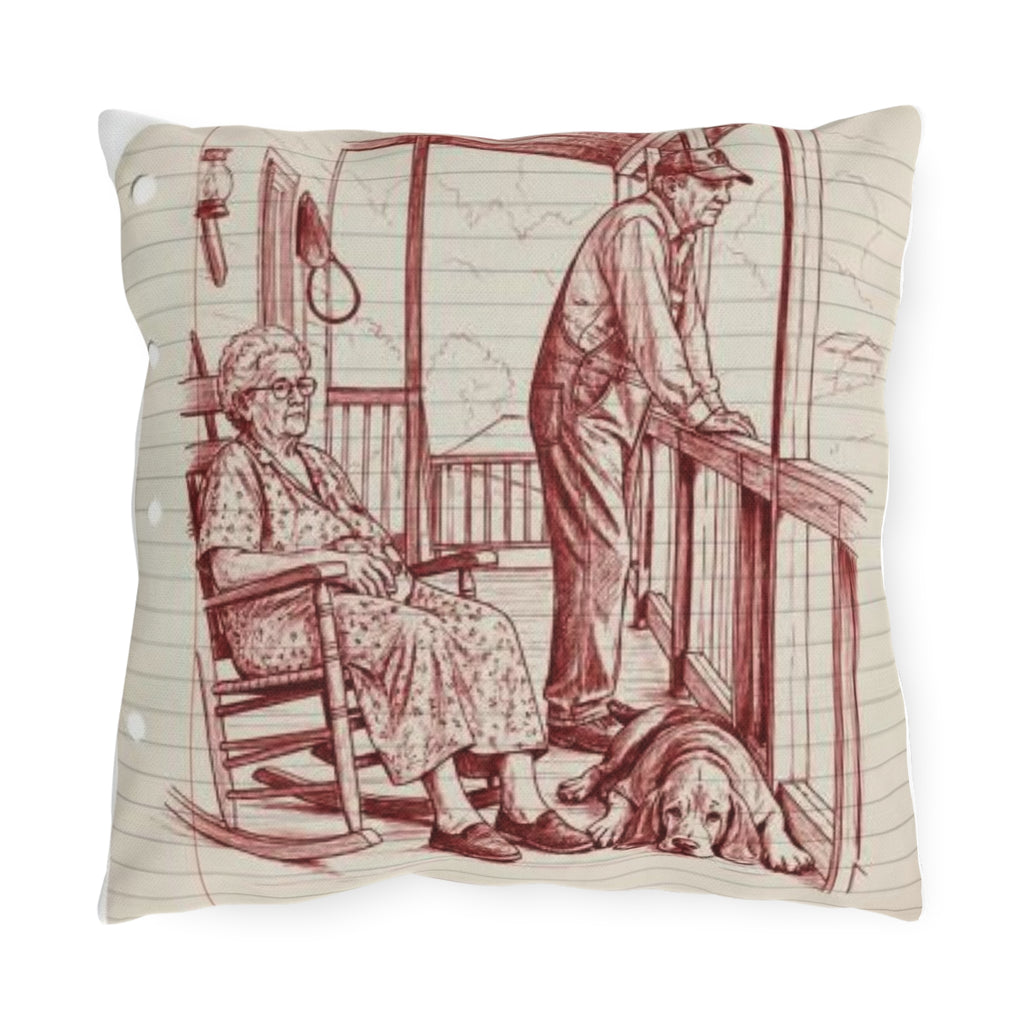 Hill folk red work americana Porch Outdoor Pillow