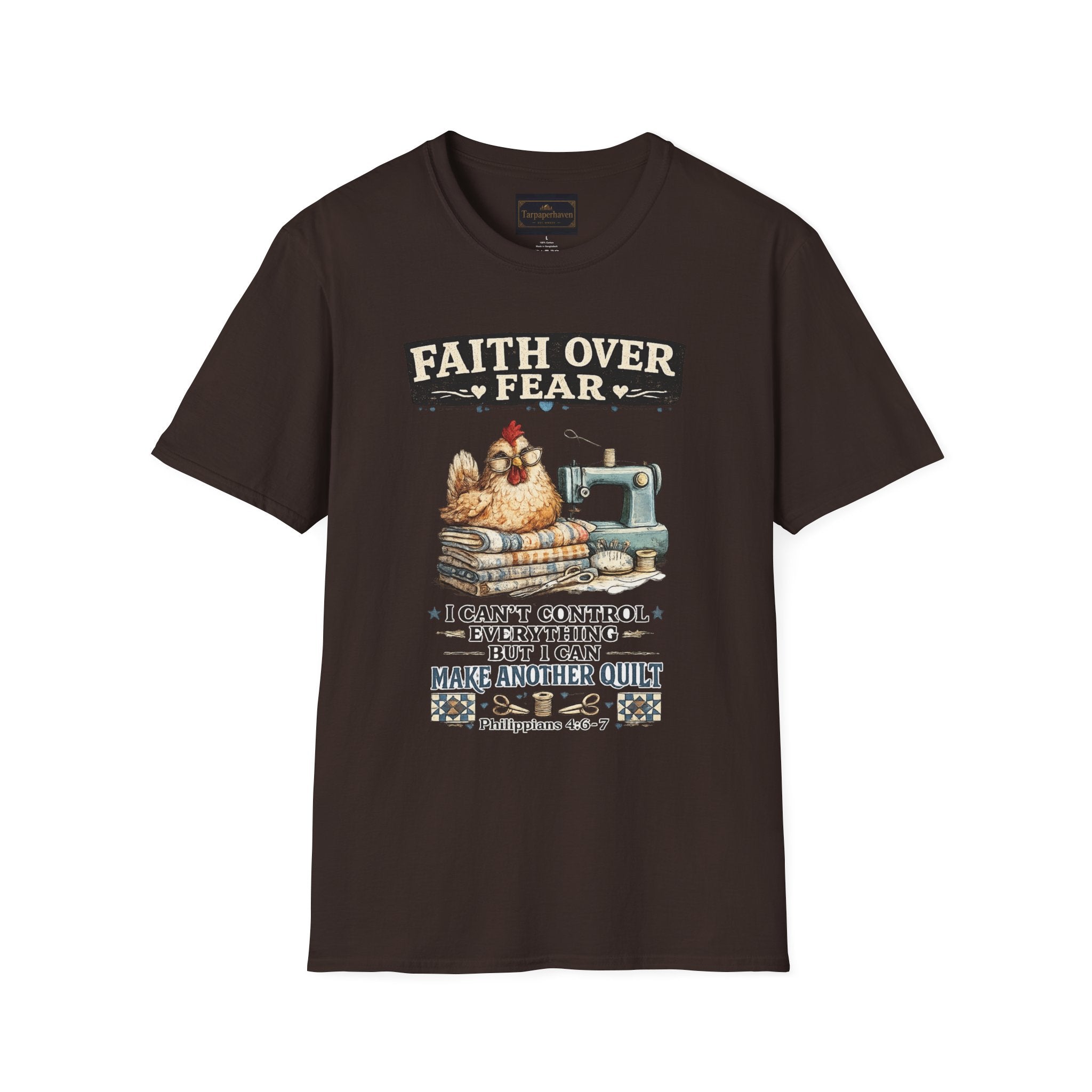 Faith Over Fear Quilting T‑Shirt — Chicken & Sewing Machine Graphic