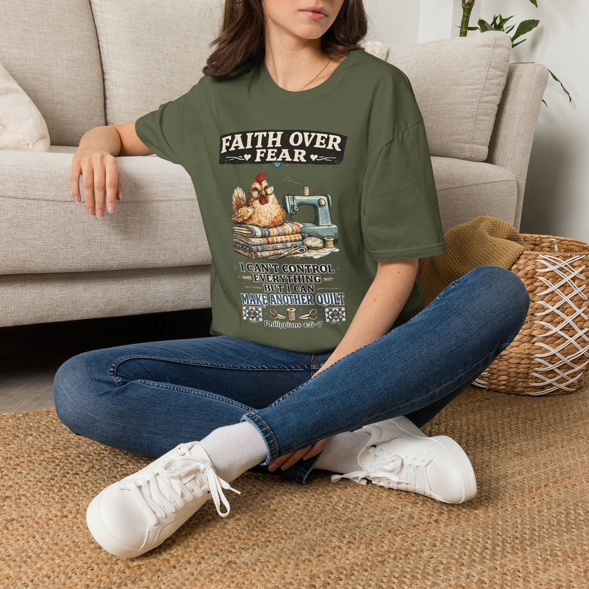 Faith Over Fear Quilting T‑Shirt — Chicken & Sewing Machine Graphic