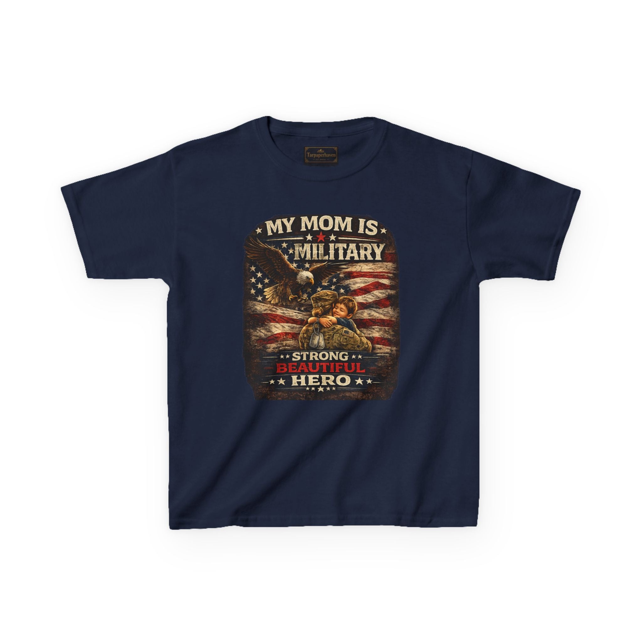 Kids Tee — "My Mom Is Military" Patriotic American Flag Shirt