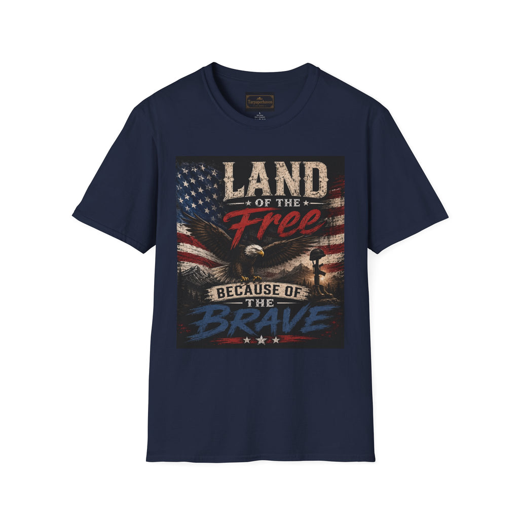 Land of the Free T‑Shirt — Vintage American Flag & Bald Eagle "Because of the Brave"