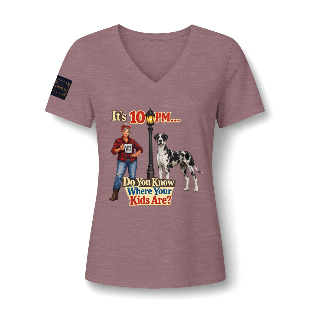 V-Neck Tee — "It's 10 PM... Do You Know Where Your Kids Are?" Retro Dog Graphic