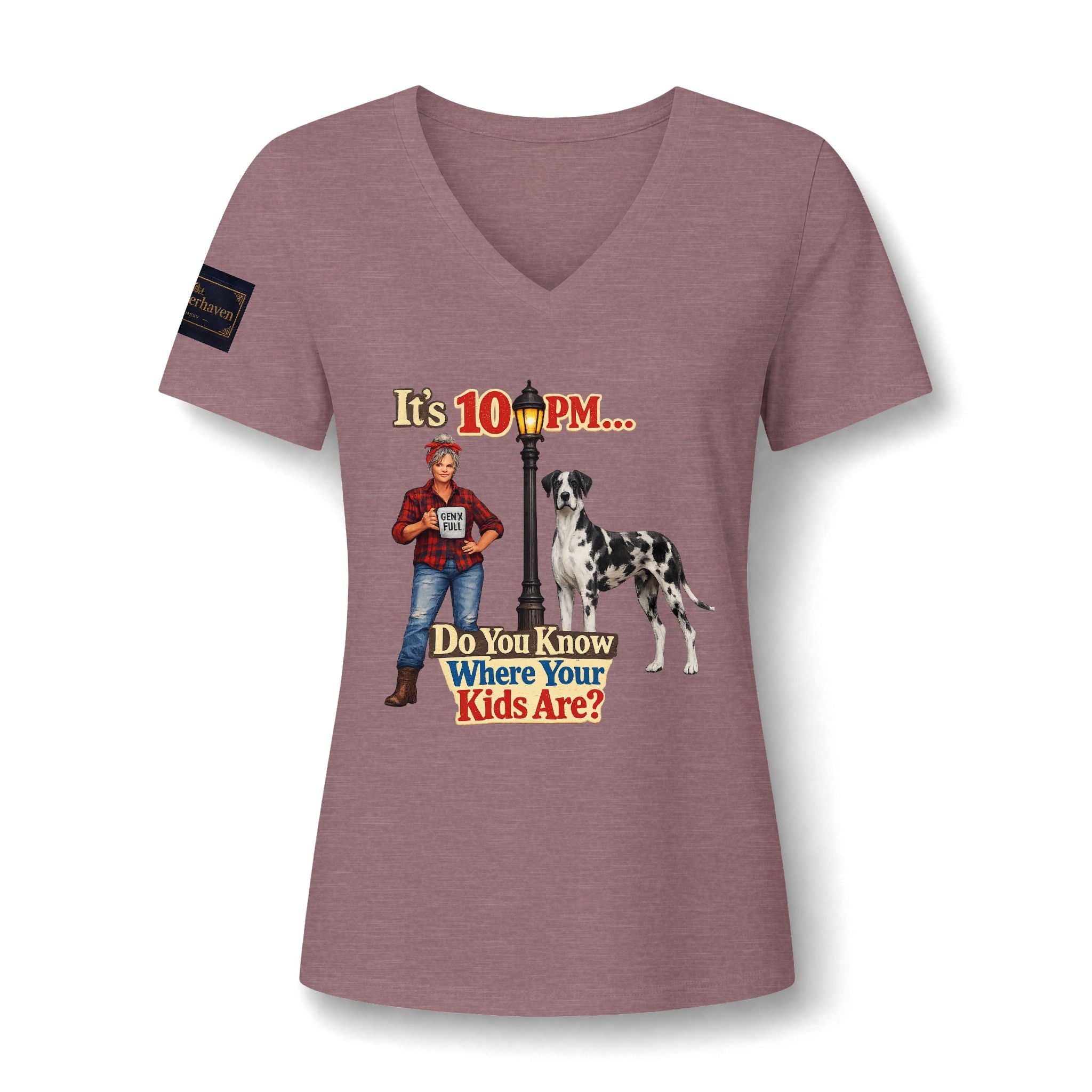 V-Neck Tee — "It's 10 PM... Do You Know Where Your Kids Are?" Retro Dog Graphic