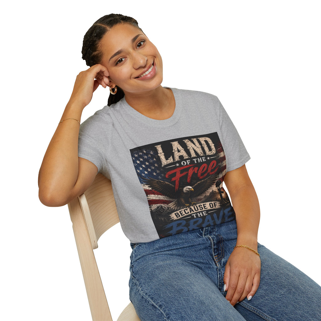 Land of the Free T‑Shirt — Vintage American Flag & Bald Eagle "Because of the Brave"