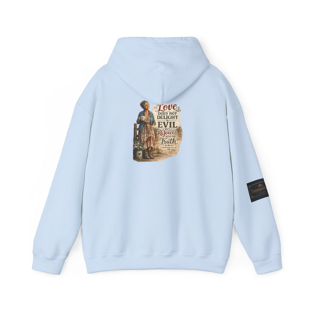 Christian Faith Hoodie - "Love Does Not Delight in Evil" Scripture Sweatshirt