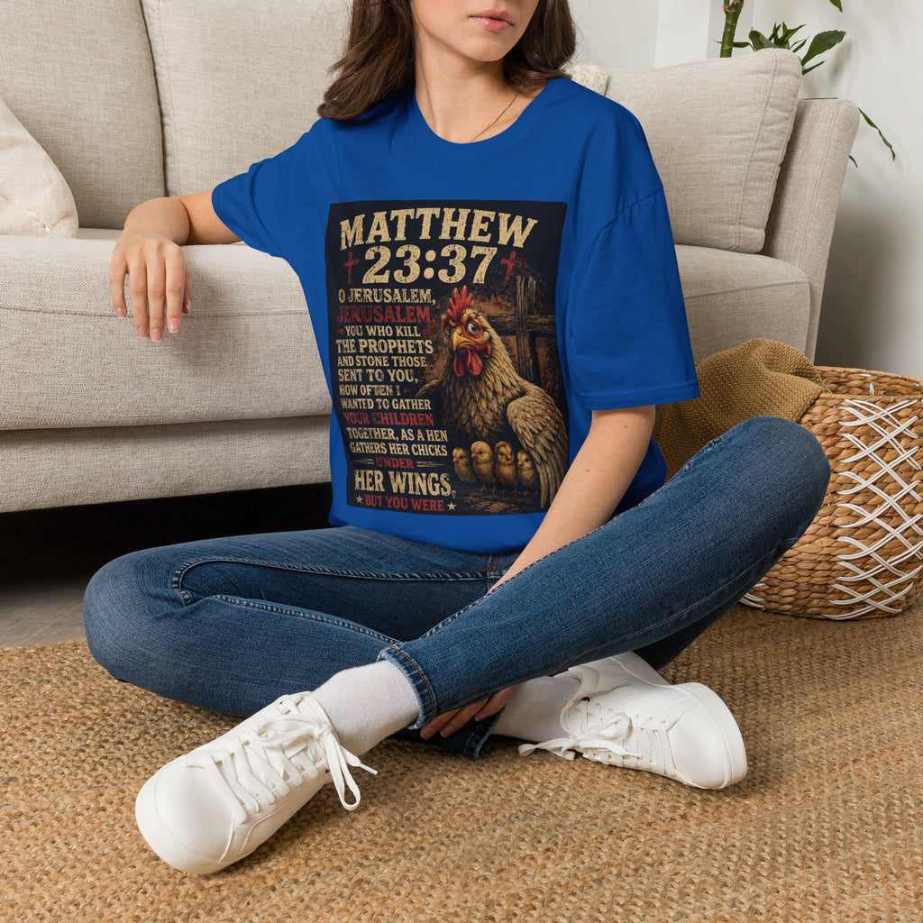 Matthew 23:37 Scripture T-Shirt — Jerusalem Biblical Verse Hen Design