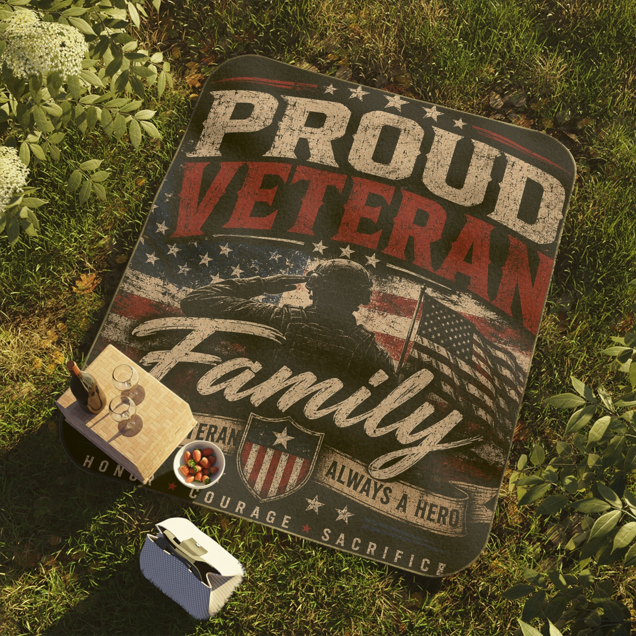 Proud Veteran Family Picnic Blanket — Patriotic American Flag Veterans Outdoor Blanket