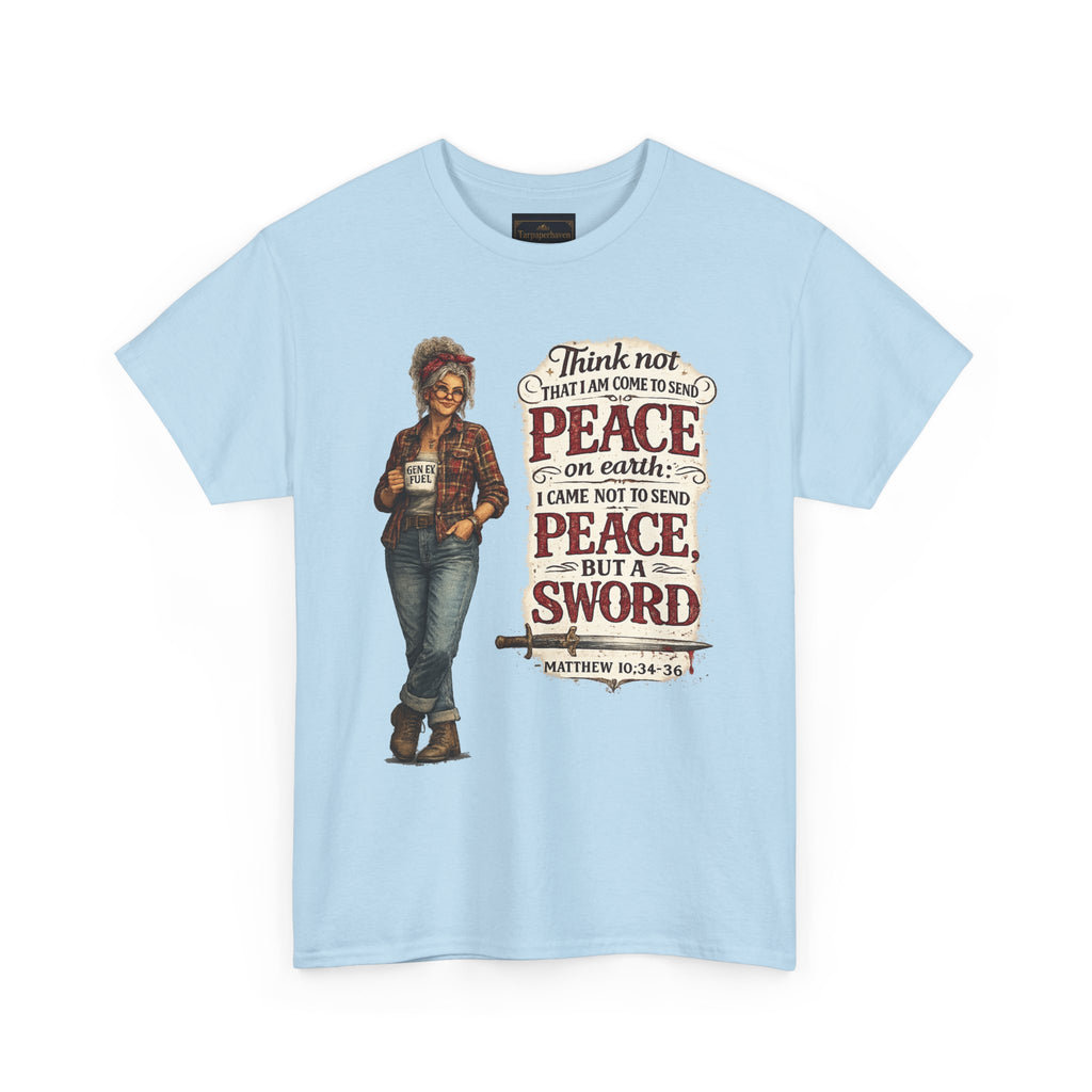 Christian Faith Tee — "I Come Not to Send Peace but a Sword" Matthew 10:34 Graphic Shirt