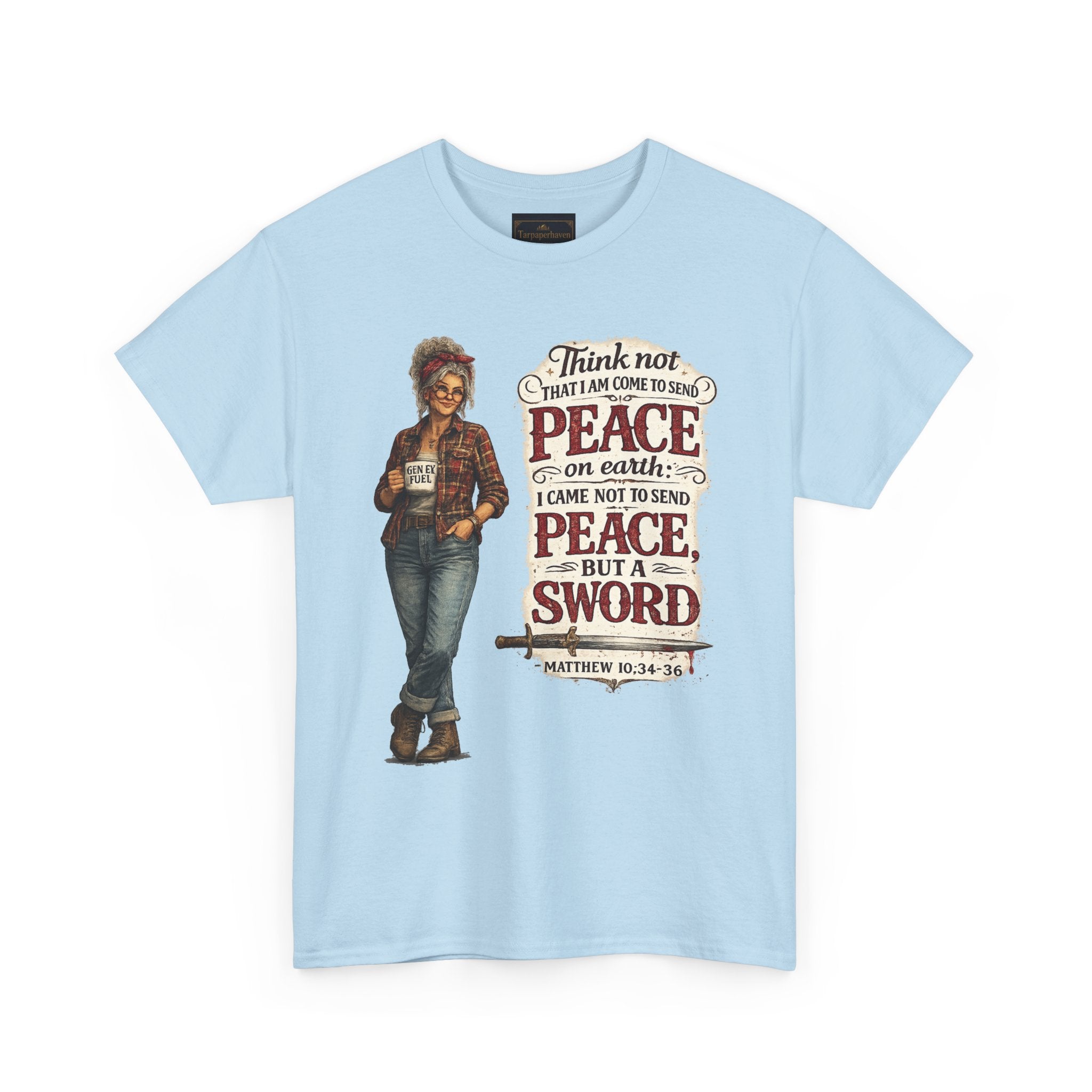 Christian Faith Tee — "I Come Not to Send Peace but a Sword" Matthew 10:34 Graphic Shirt