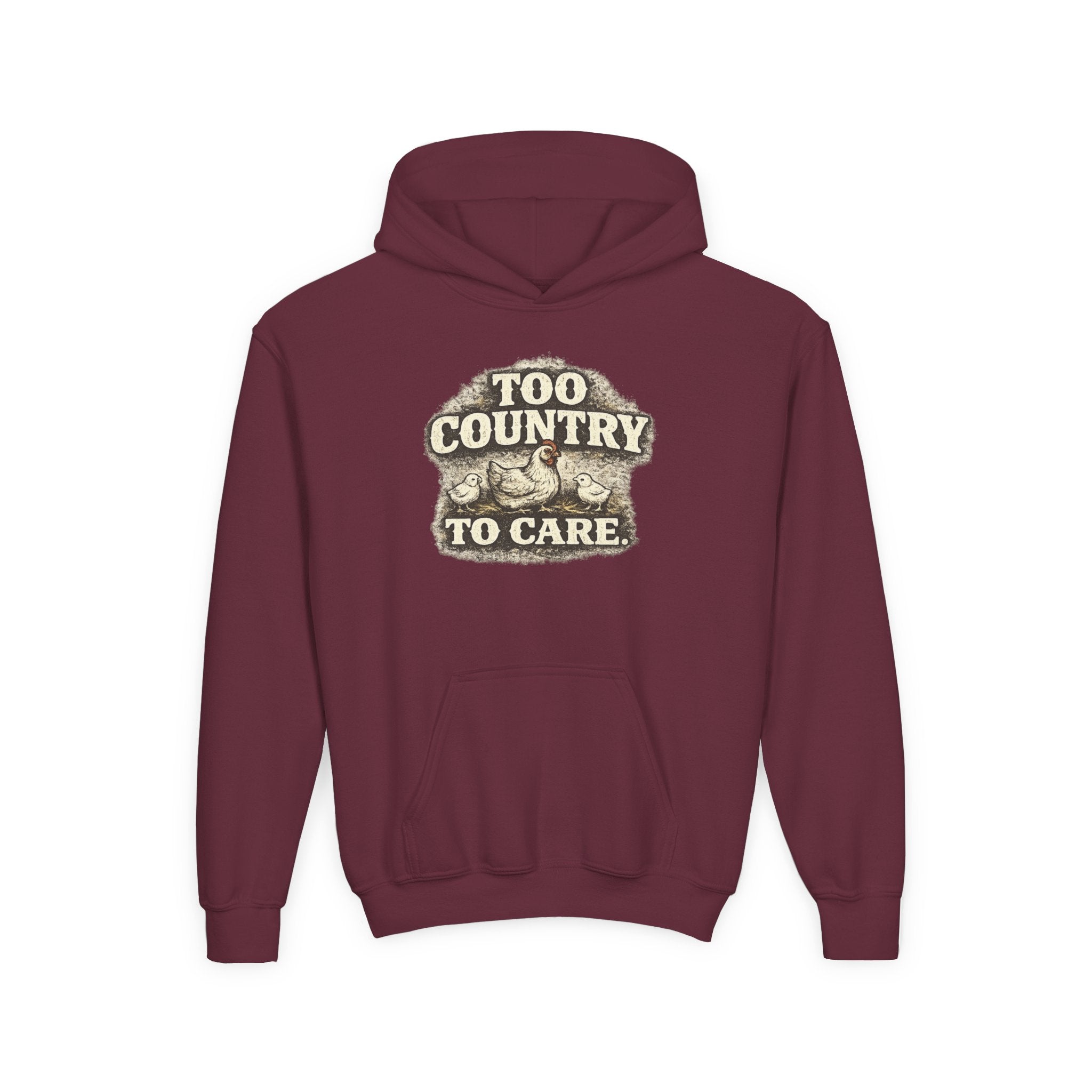 Youth Hoodie — 'Too Country to Care' / Appalachian Faith Graphic