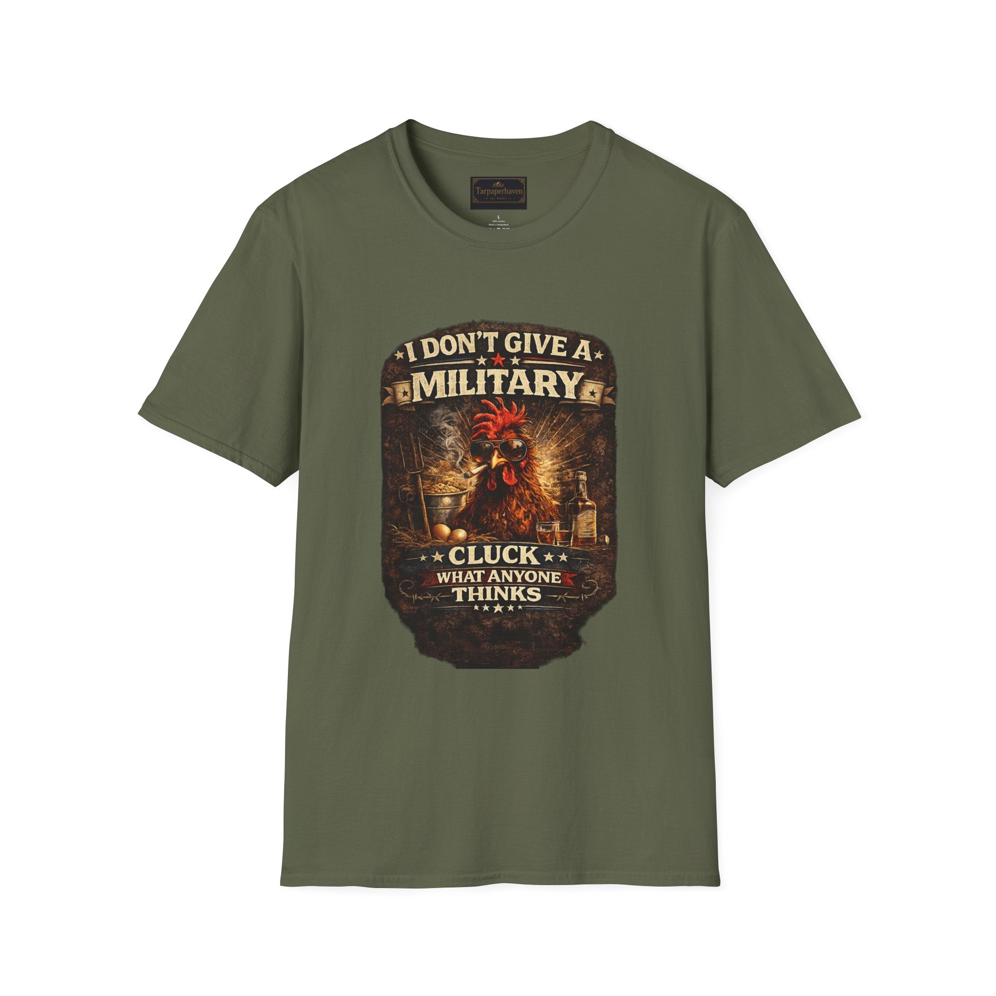T‑Shirt — "I Don't Give A Military Cluck" Rooster Graphic Tee