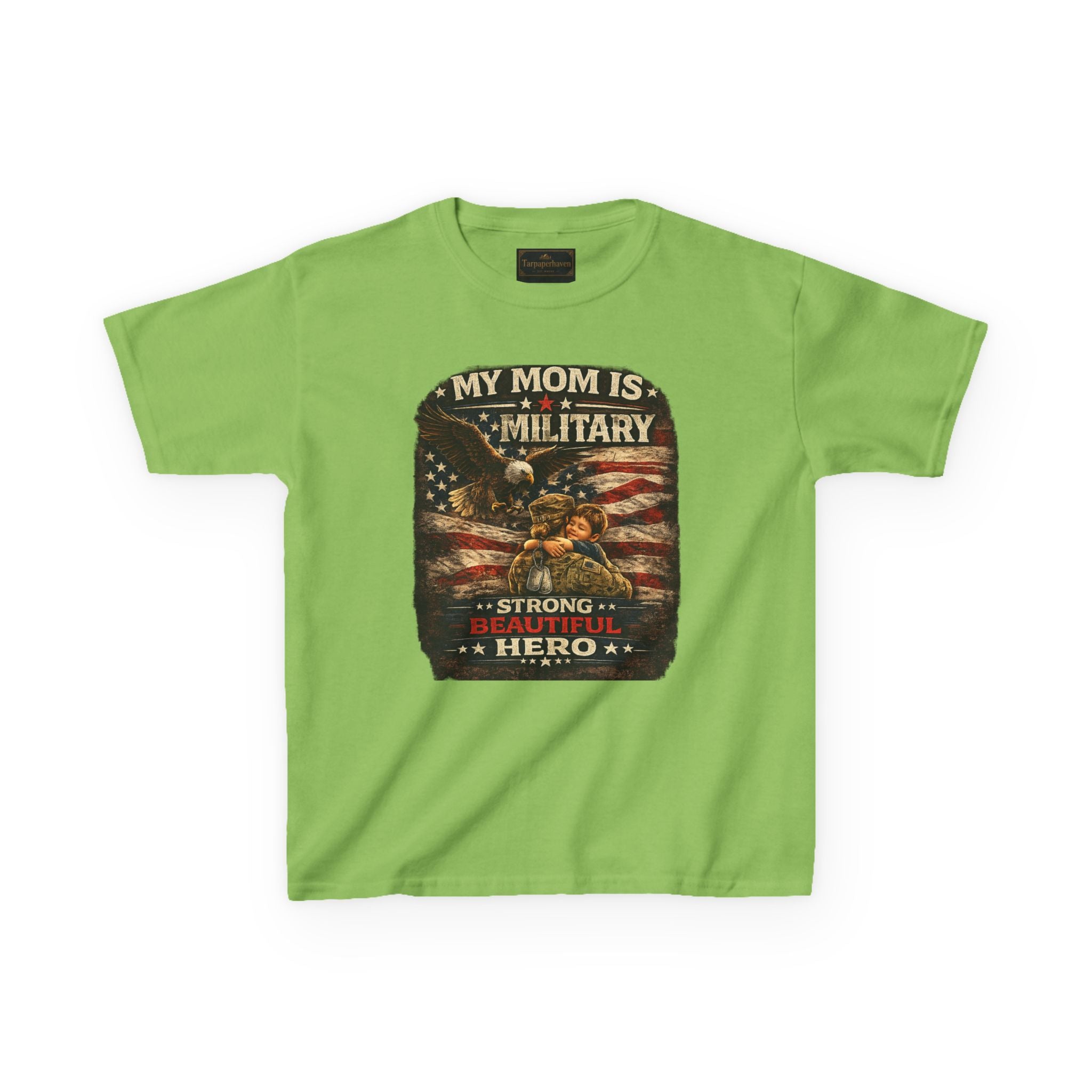 Kids Tee — "My Mom Is Military" Patriotic American Flag Shirt
