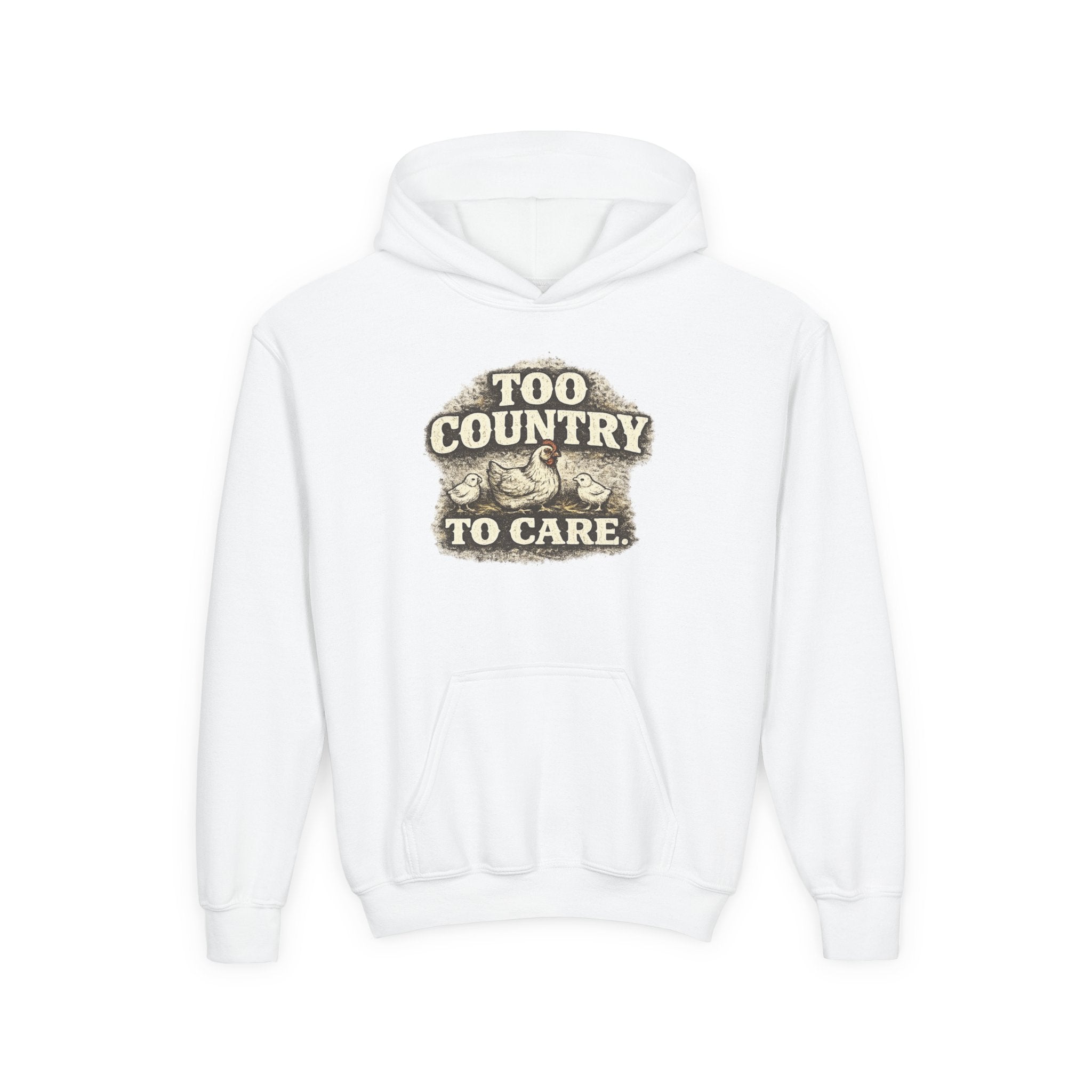 Youth Hoodie — 'Too Country to Care' / Appalachian Faith Graphic