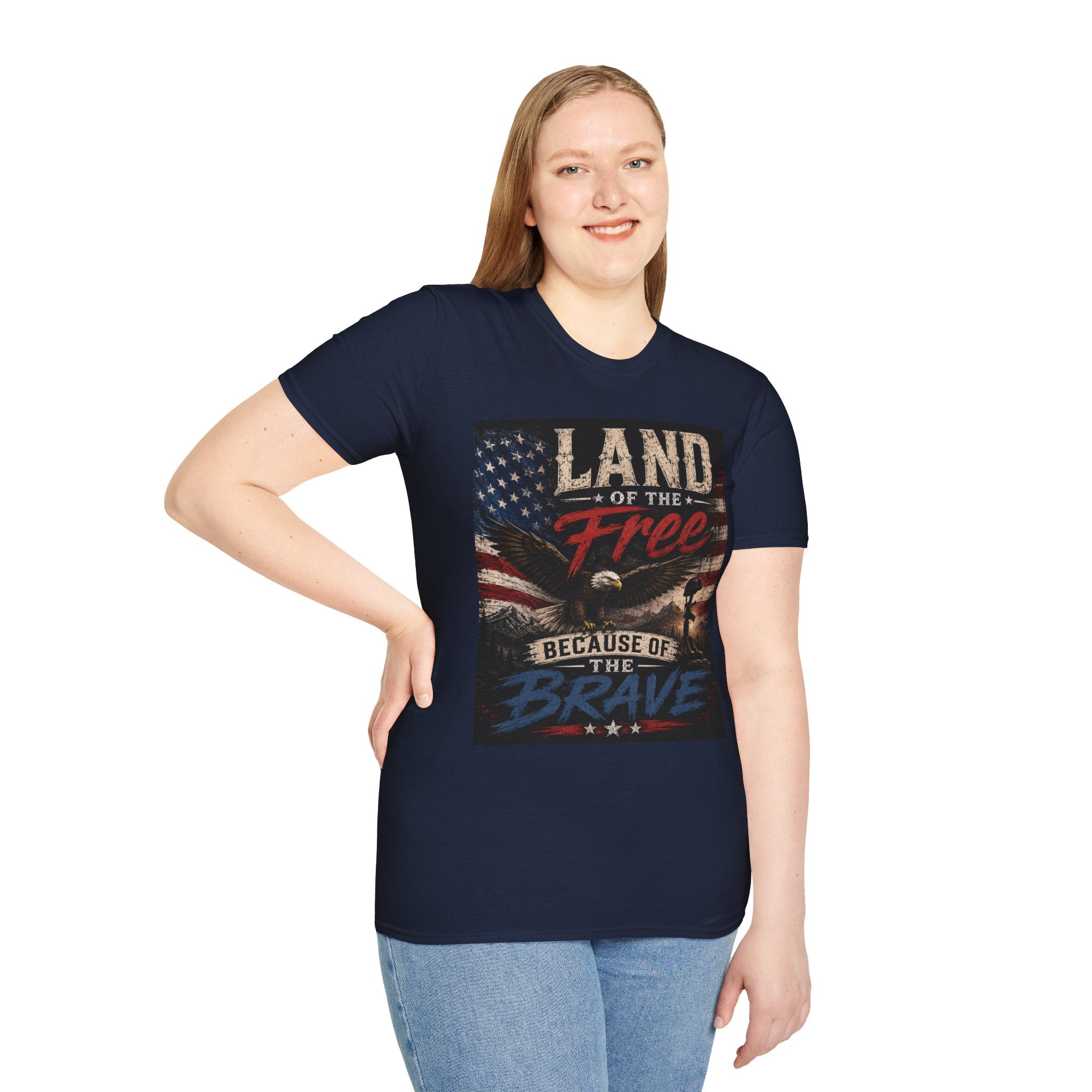 Land of the Free T‑Shirt — Vintage American Flag & Bald Eagle "Because of the Brave"