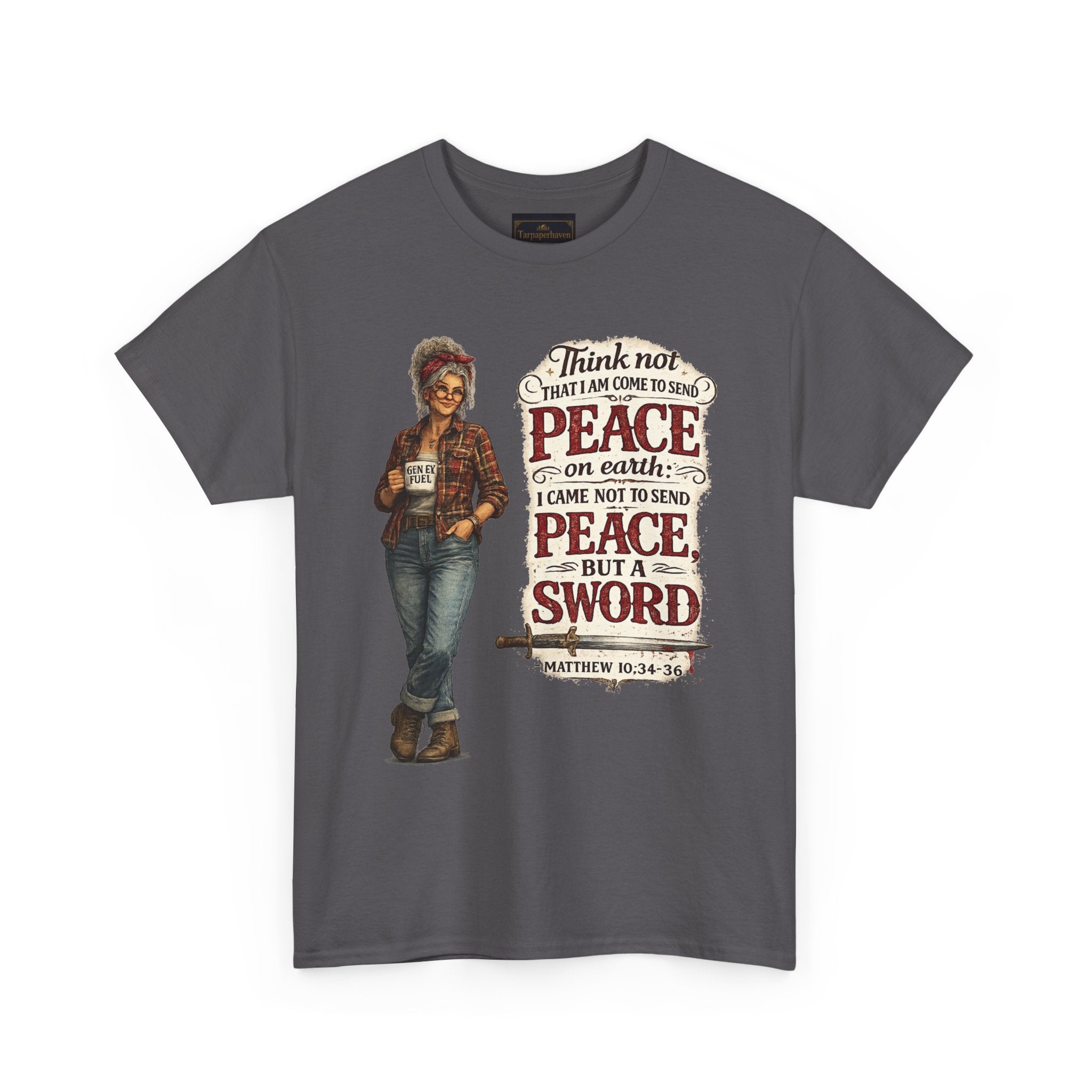 Christian Faith Tee — "I Come Not to Send Peace but a Sword" Matthew 10:34 Graphic Shirt