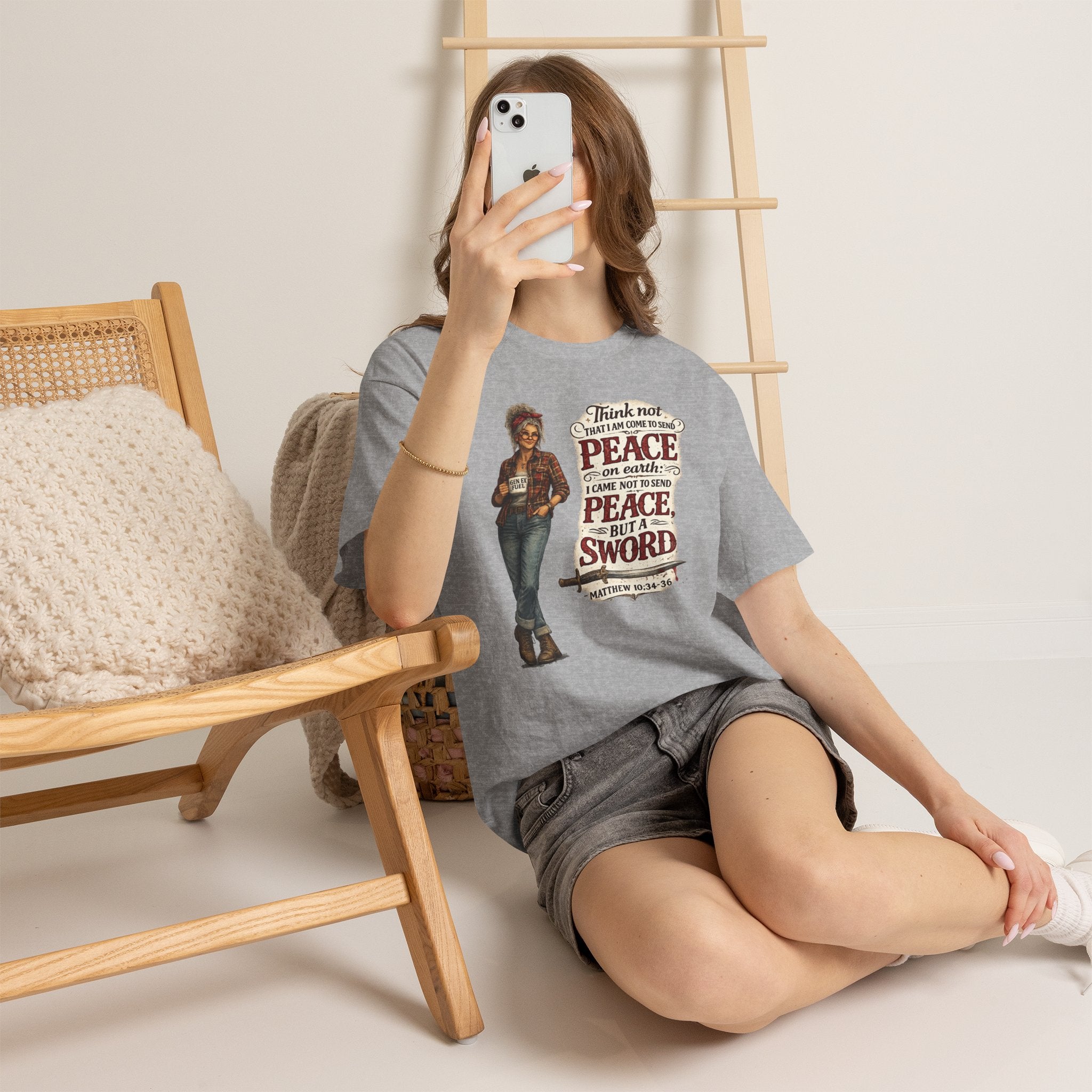 Christian Faith Tee — "I Come Not to Send Peace but a Sword" Matthew 10:34 Graphic Shirt