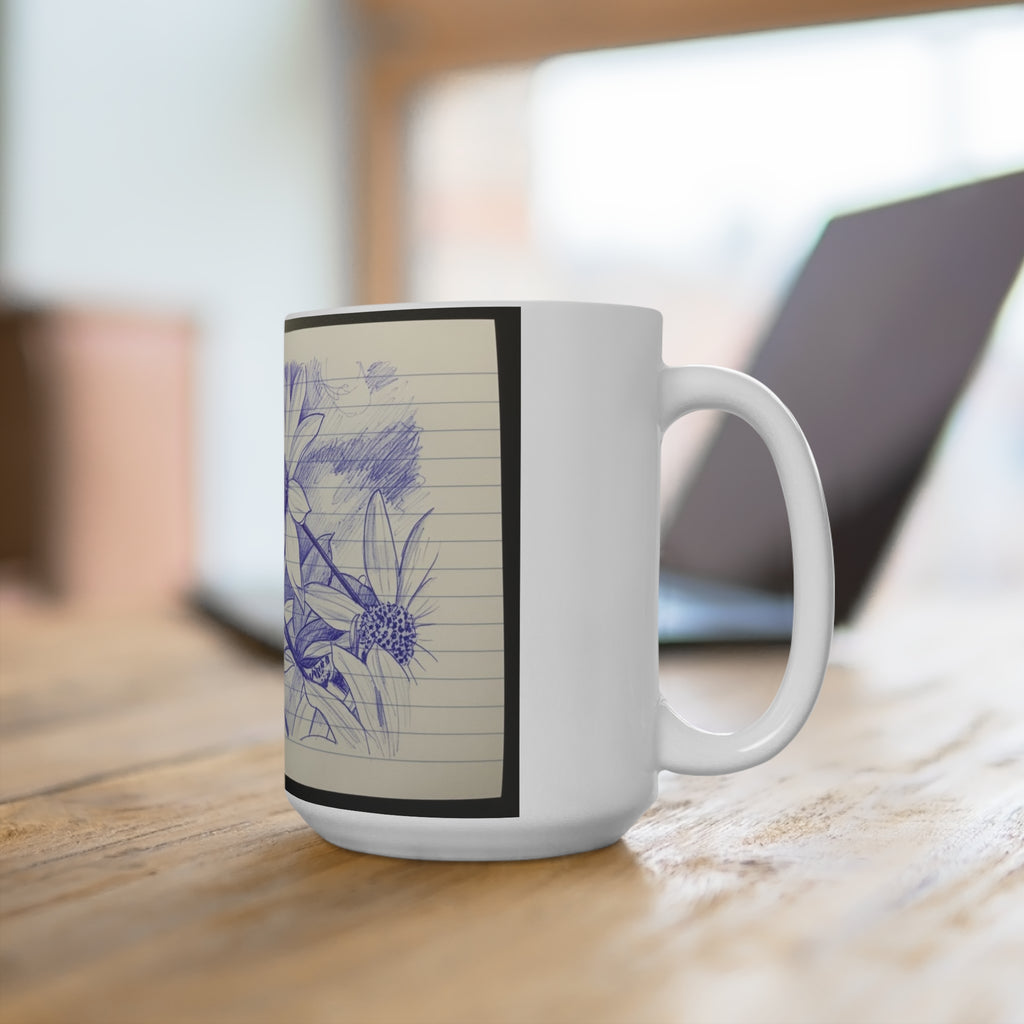 Floral Ballpoint Sketch 15oz Mug — Hand-Drawn Daisies on Lined Paper