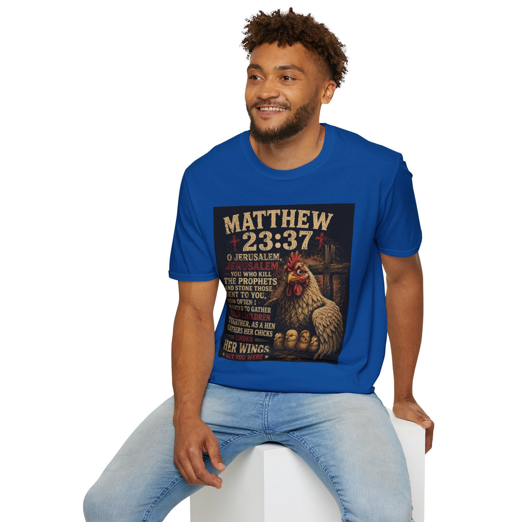Matthew 23:37 Scripture T-Shirt — Jerusalem Biblical Verse Hen Design