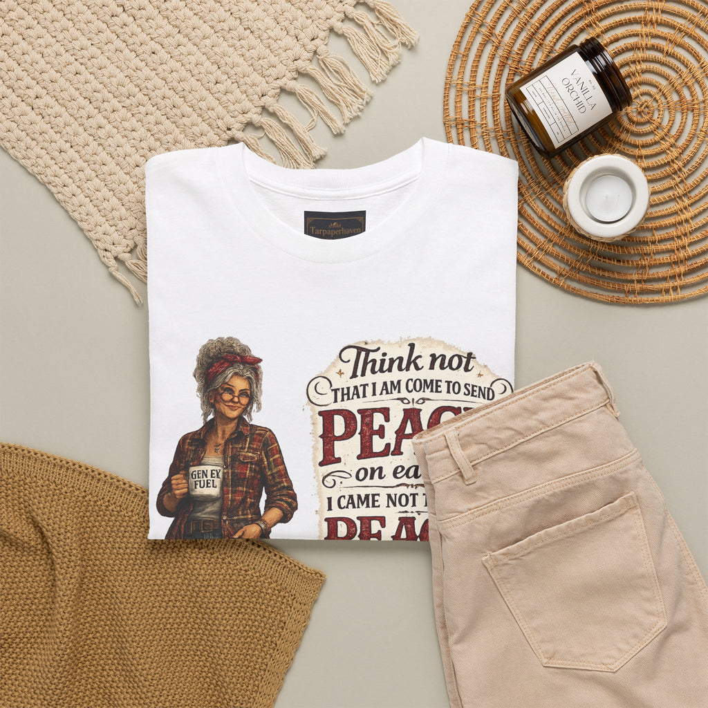 Christian Faith Tee — "I Come Not to Send Peace but a Sword" Matthew 10:34 Graphic Shirt