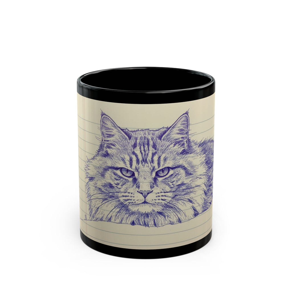 Vintage Pen-Sketch Cat Black Coffee Mug — 11oz & 15oz