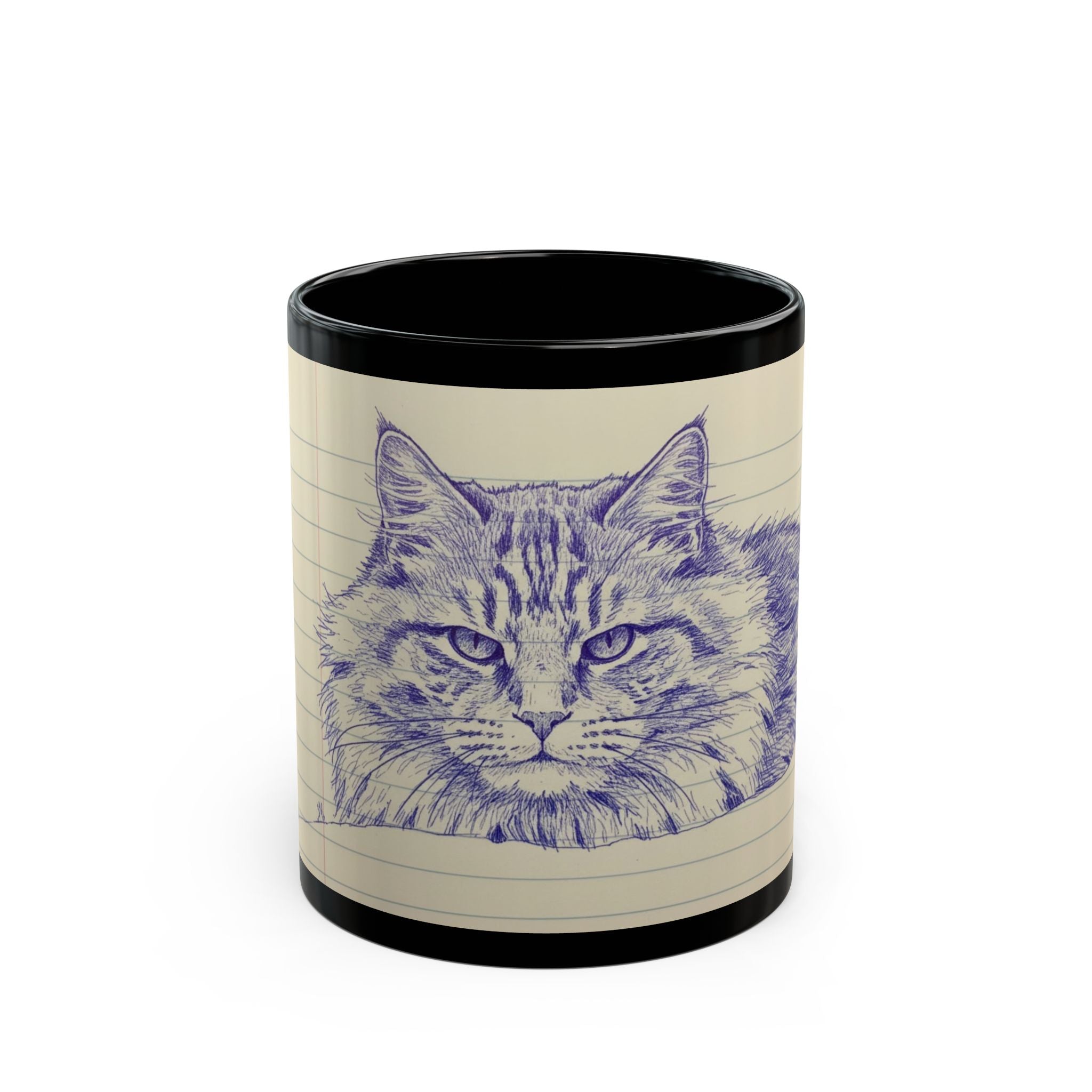 Vintage Pen-Sketch Cat Black Coffee Mug — 11oz & 15oz