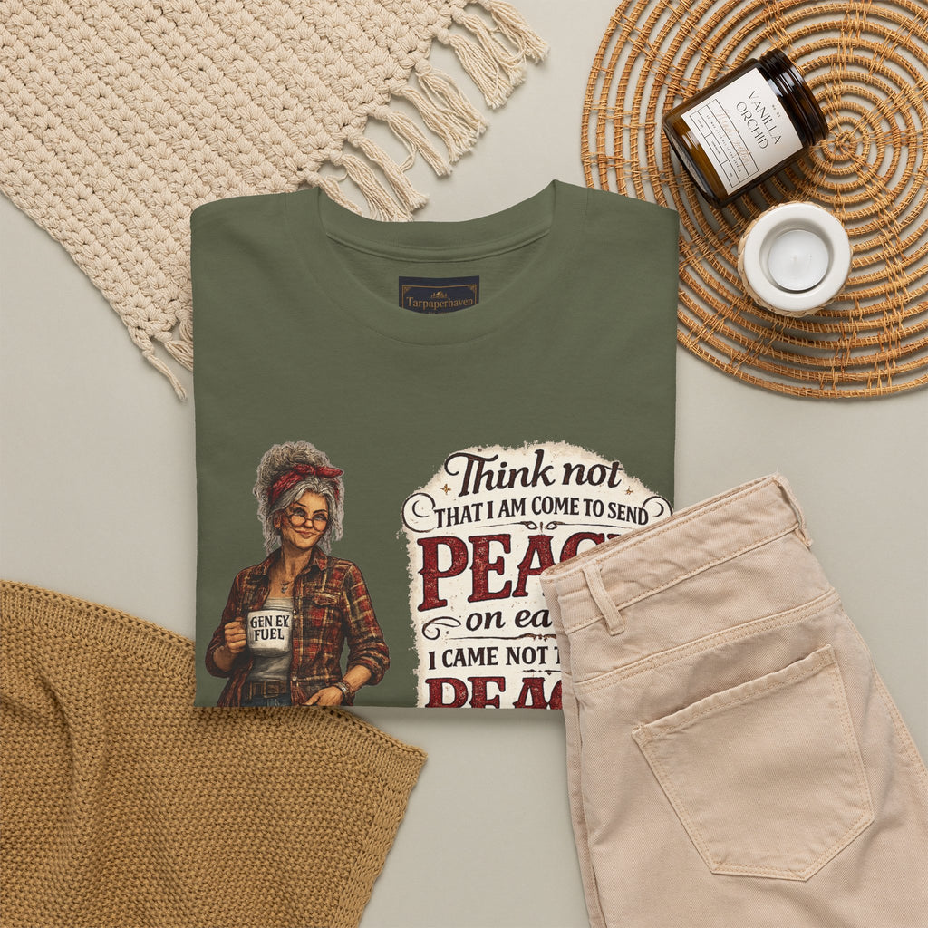 Christian Faith Tee — "I Come Not to Send Peace but a Sword" Matthew 10:34 Graphic Shirt