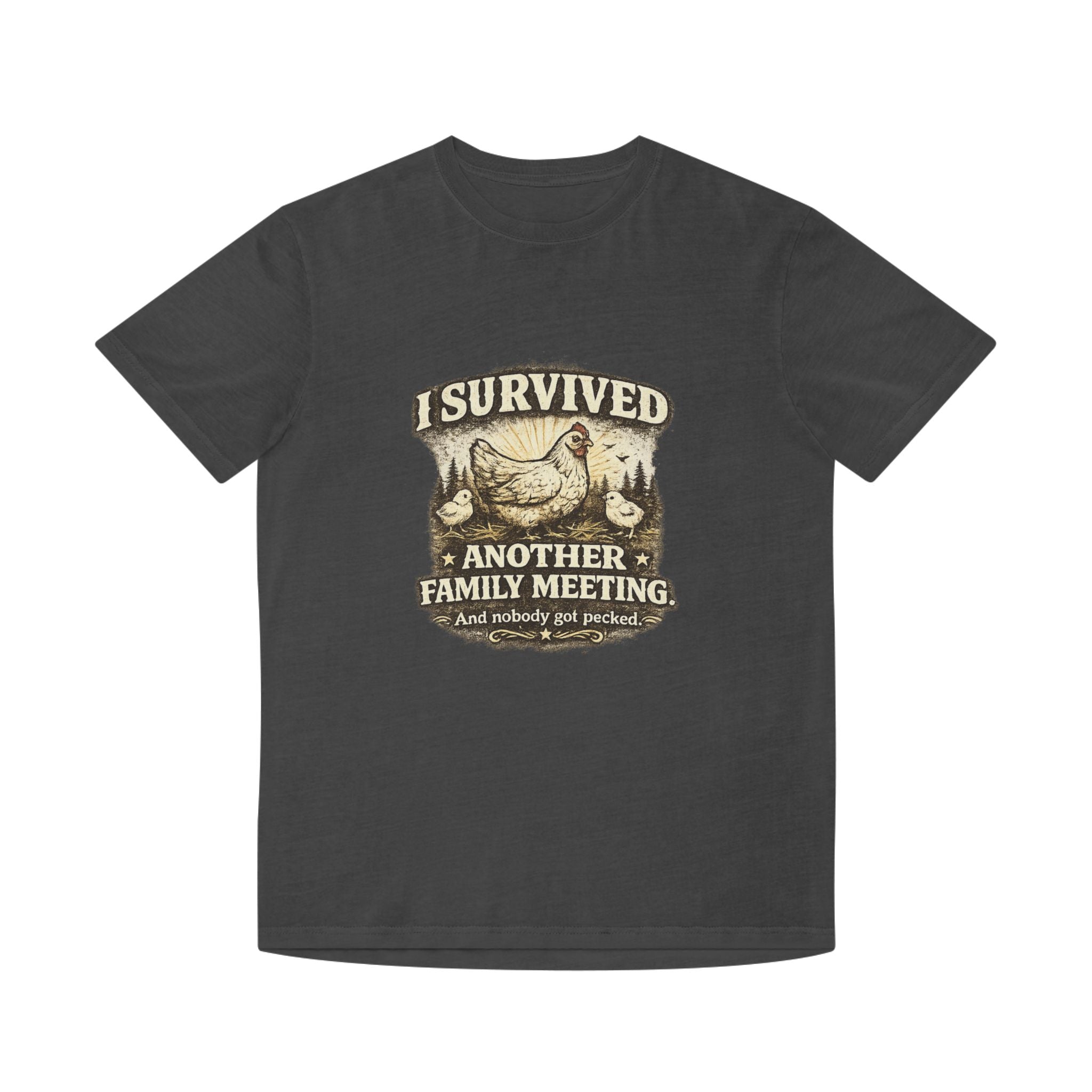 T-Shirt — "I Survived Another Family Meeting" Vintage Chicken Humor Tee