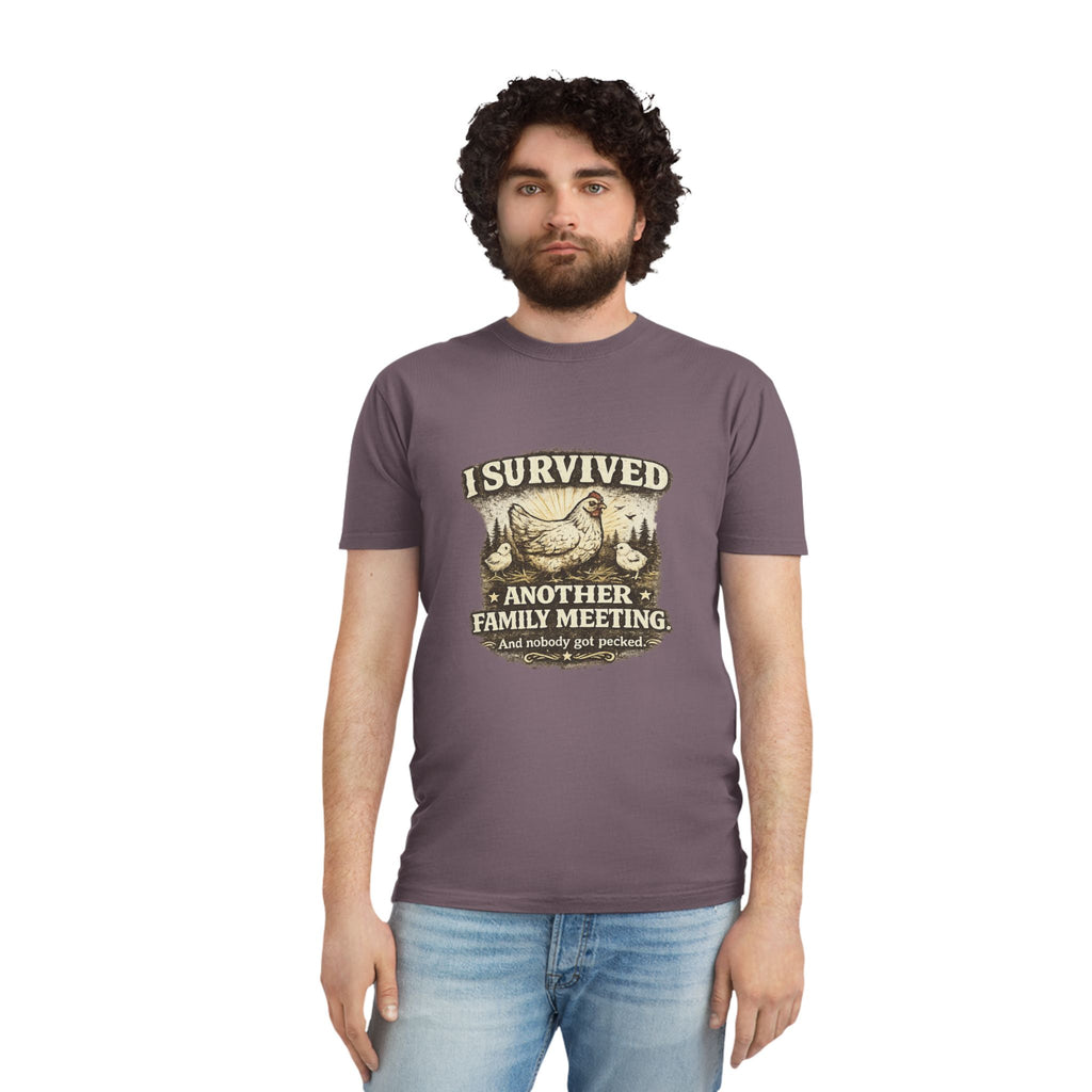 T-Shirt — "I Survived Another Family Meeting" Vintage Chicken Humor Tee